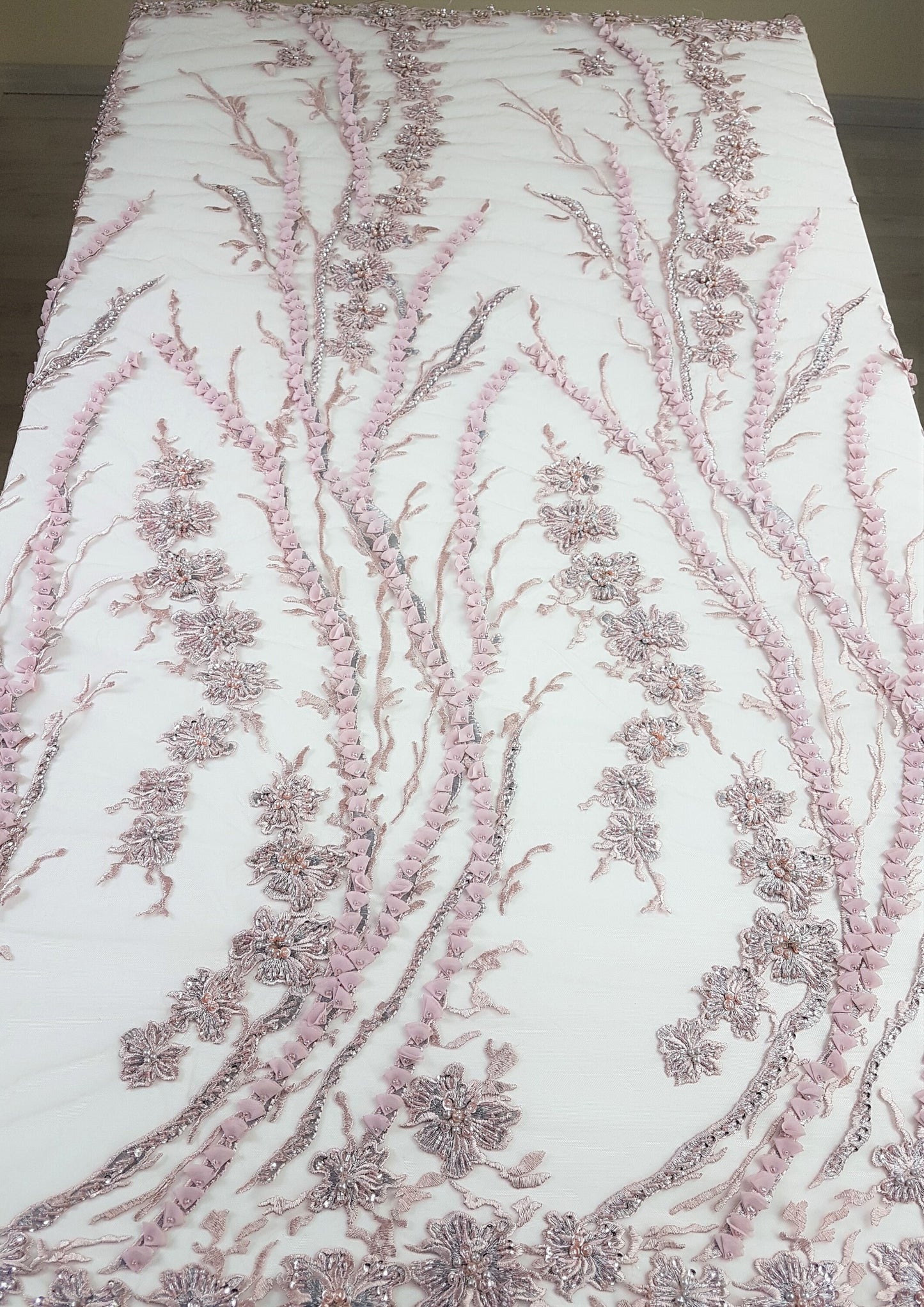 3D-Handbeaded Lace Fabric with Flowers, couture lace, bridal lace, evening dress fabric, embroidery fabric, Net lace LL-1294