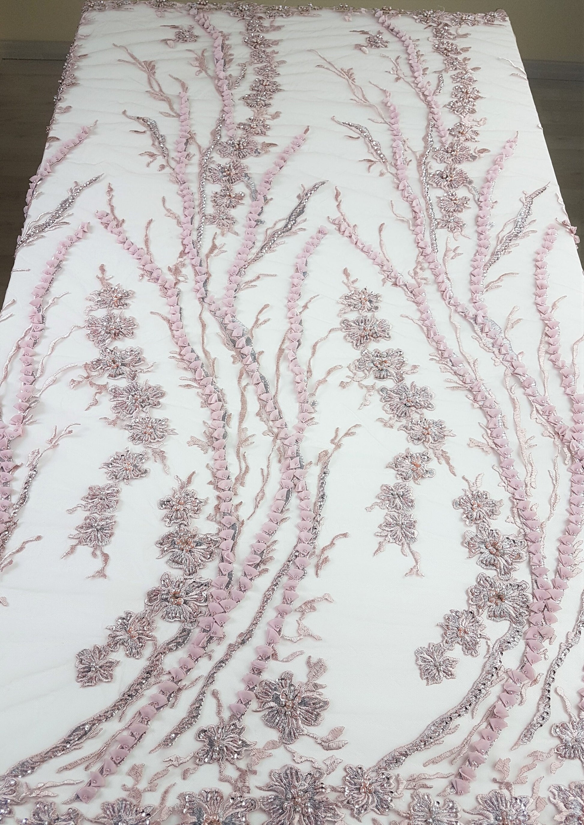 3D-Handbeaded Lace Fabric with Flowers, couture lace, bridal lace, evening dress fabric, embroidery fabric, Net lace LL-1294