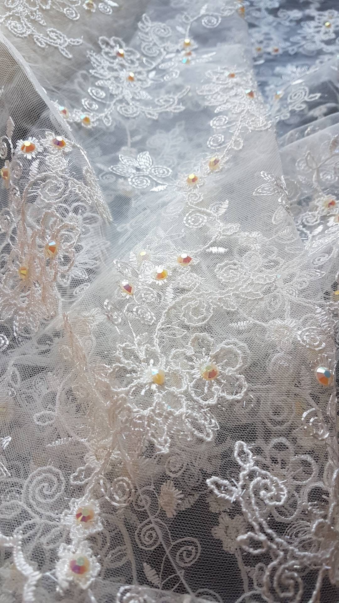 Flower Lace fabric with colored rhinestones in ivory color, lace for gown or costumes, fabric by the yard or metres LL-1312