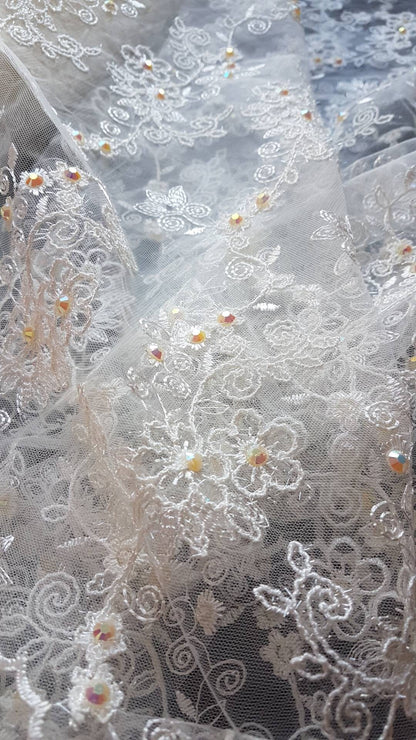 Flower Lace fabric with colored rhinestones in ivory color, lace for gown or costumes, fabric by the yard or metres LL-1312