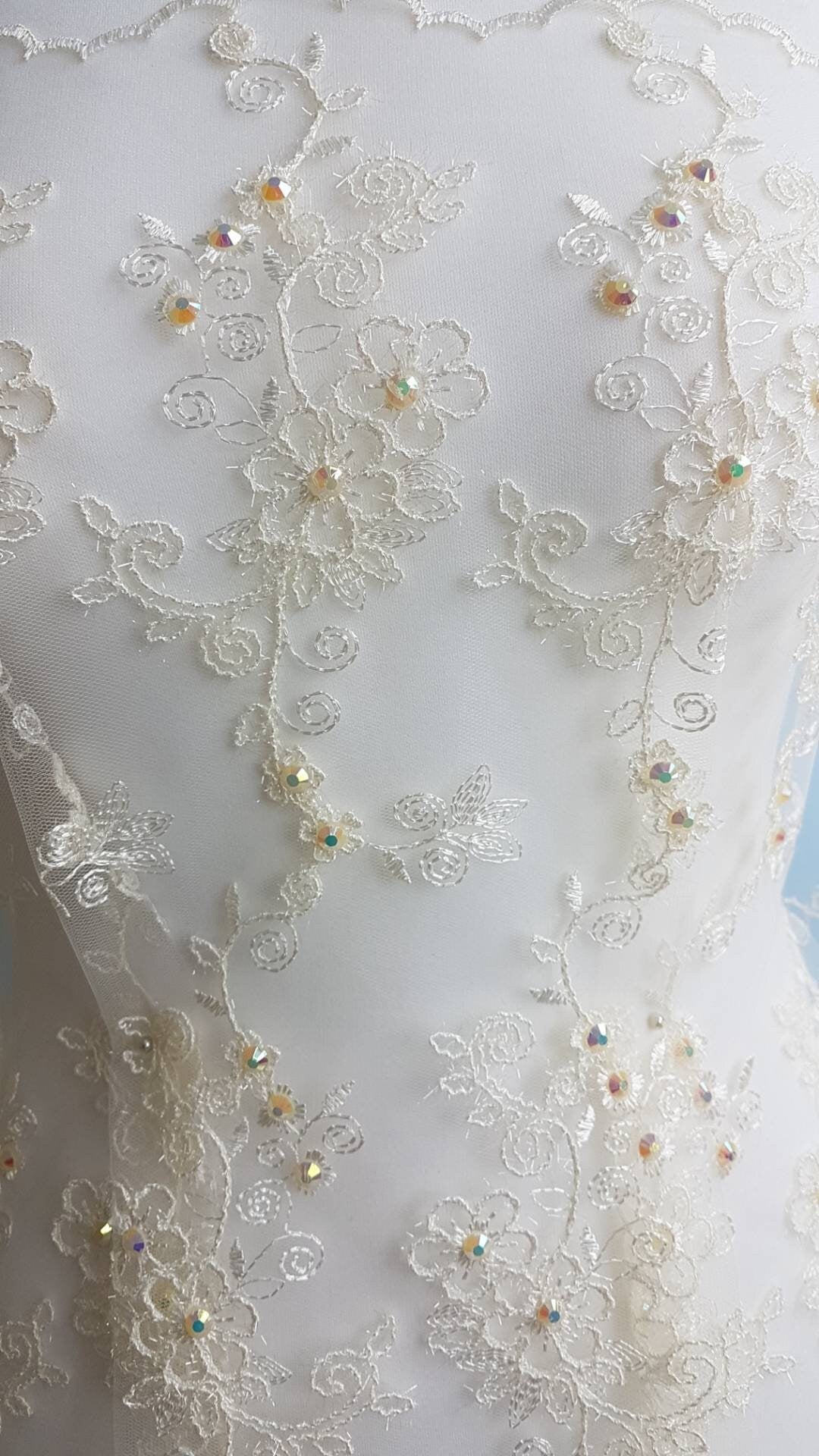 Flower Lace fabric with colored rhinestones in ivory color, lace for gown or costumes, fabric by the yard or metres LL-1312