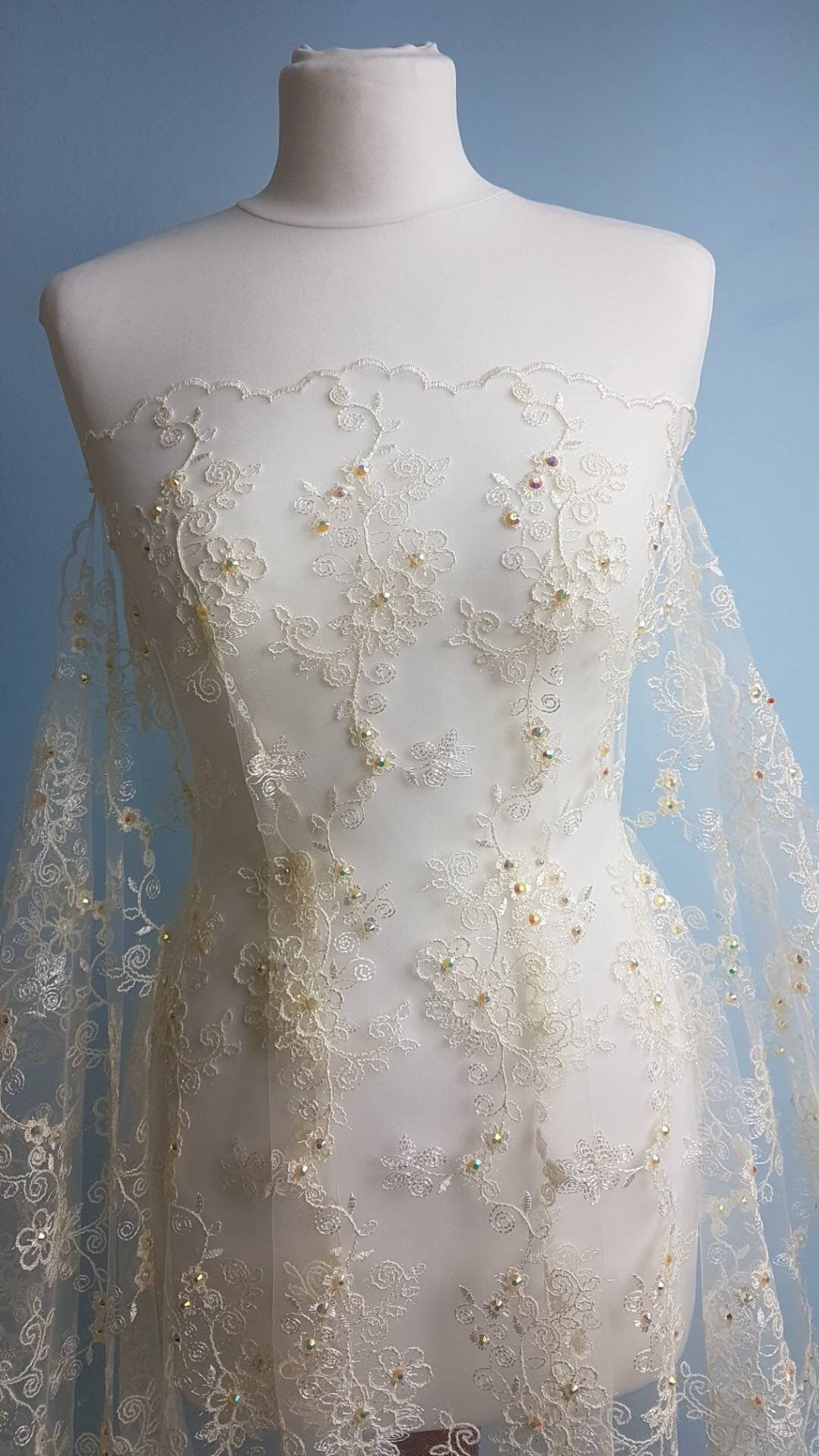 Flower Lace fabric with colored rhinestones in ivory color, lace for gown or costumes, fabric by the yard or metres LL-1312