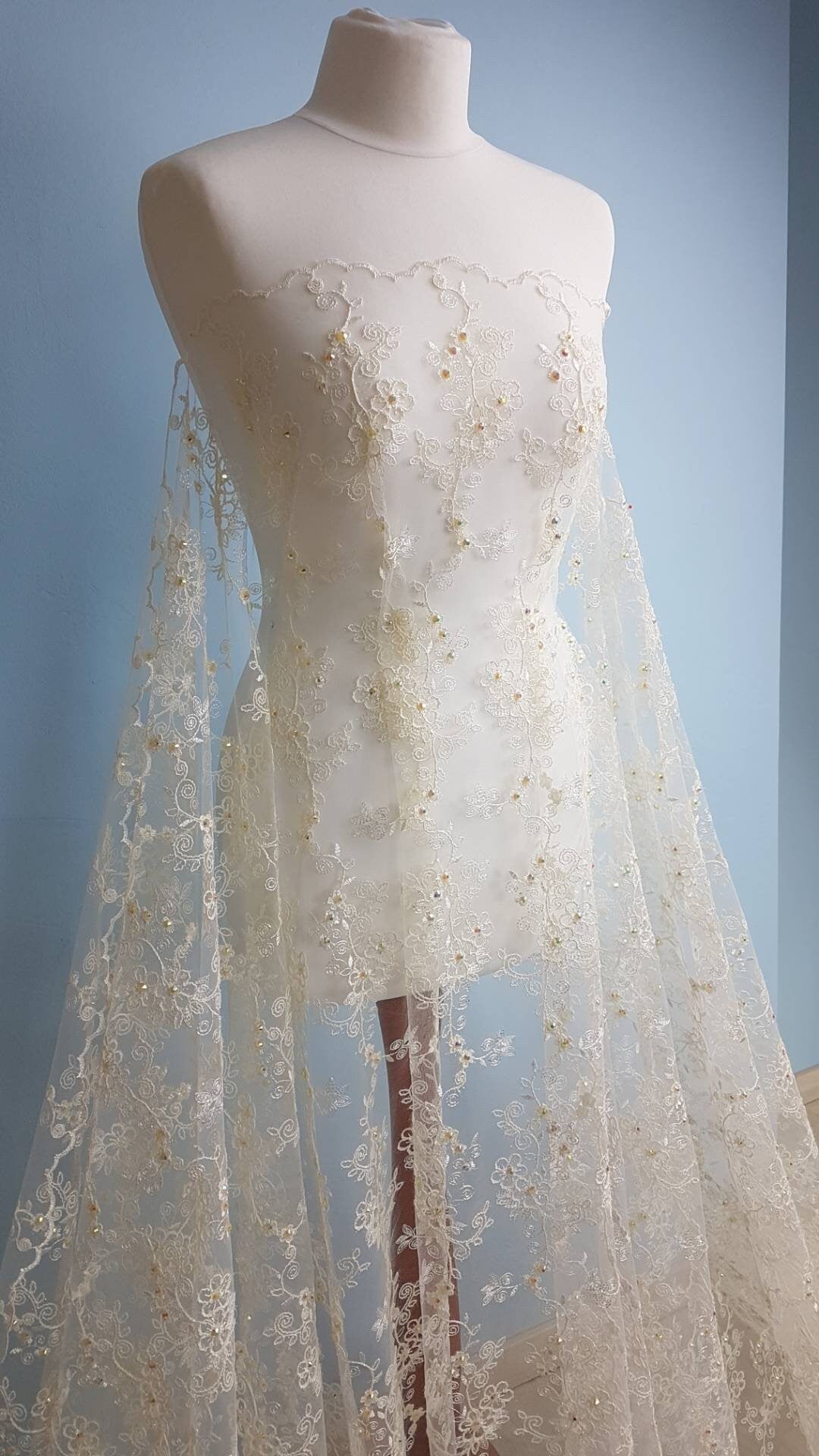 Flower Lace fabric with colored rhinestones in ivory color, lace for gown or costumes, fabric by the yard or metres LL-1312
