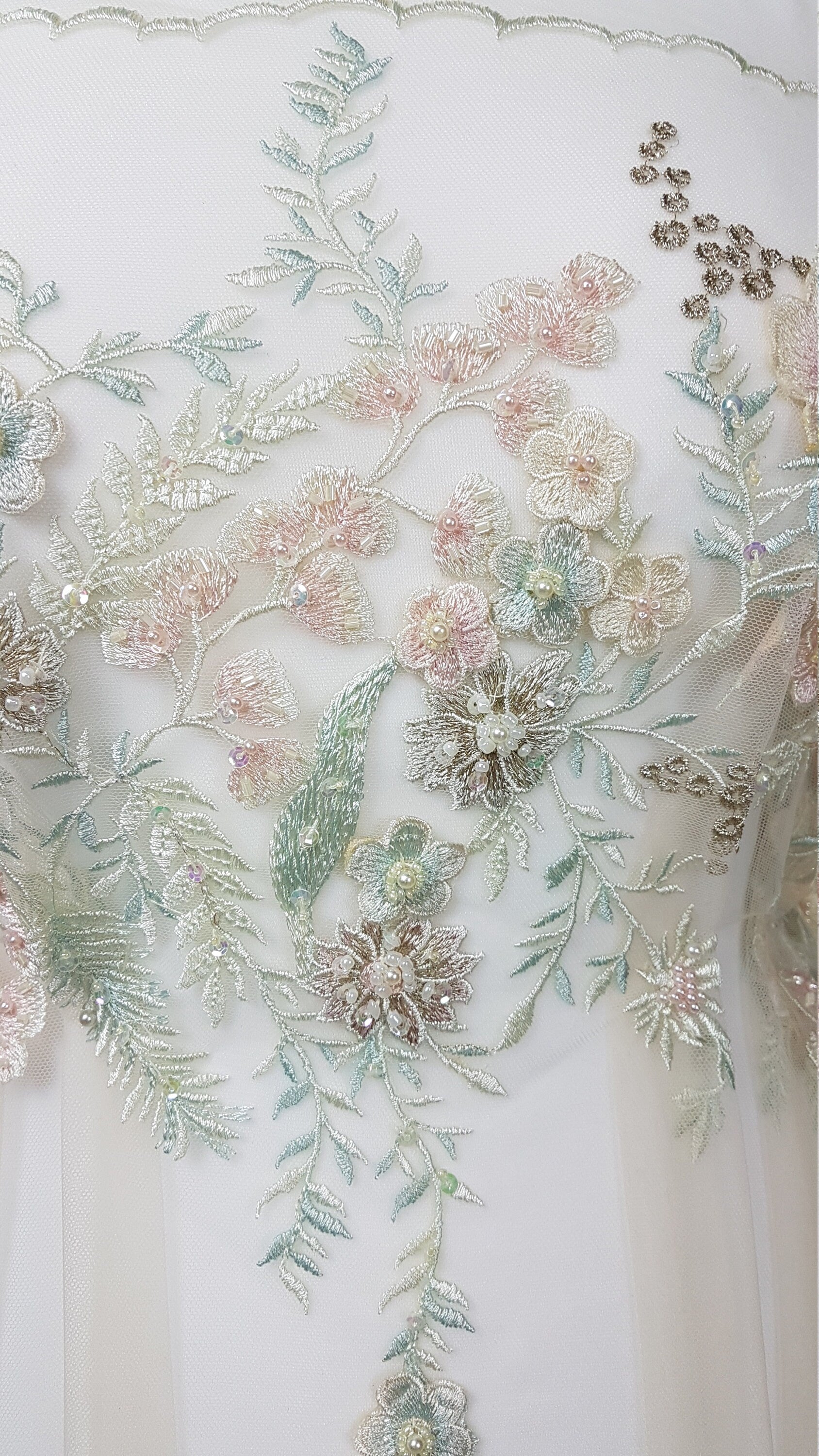 Wonderful Fairytale 3D-Flower Lace fabric in pastel colors on light yellow tulle, Colored bridal lace fabric, French wedding lace LL-1311
