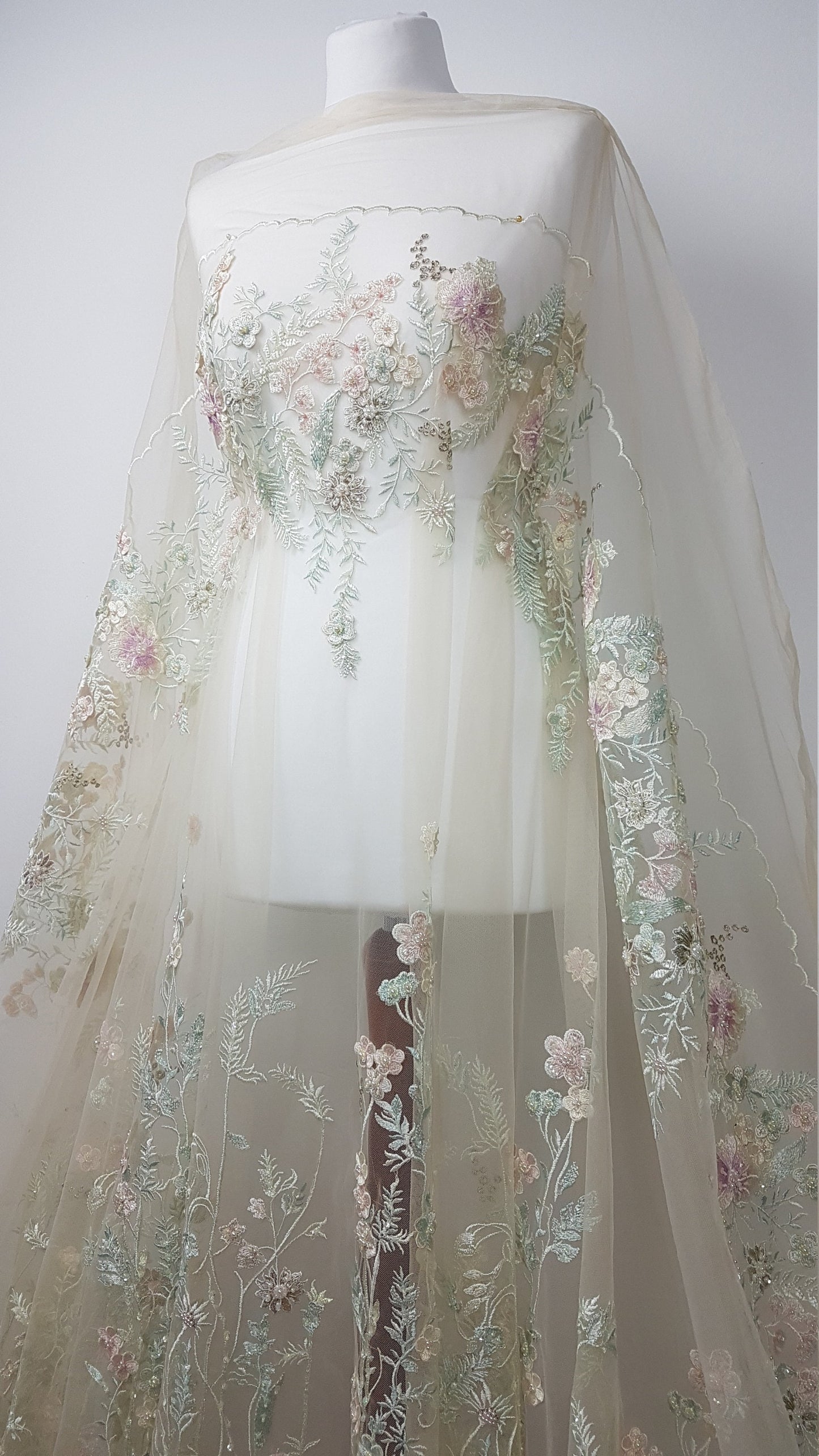 Wonderful Fairytale 3D-Flower Lace fabric in pastel colors on light yellow tulle, Colored bridal lace fabric, French wedding lace LL-1311