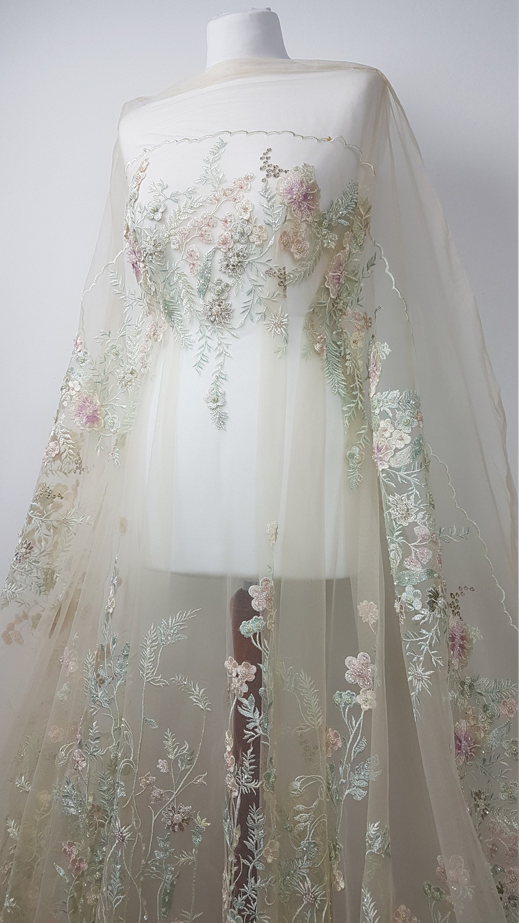 Wonderful Fairytale 3D-Flower Lace fabric in pastel colors on light yellow tulle, Colored bridal lace fabric, French wedding lace LL-1311