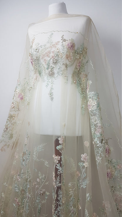 Wonderful Fairytale 3D-Flower Lace fabric in pastel colors on light yellow tulle, Colored bridal lace fabric, French wedding lace LL-1311