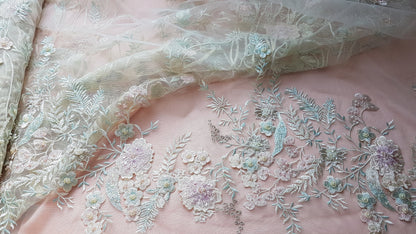 Wonderful Fairytale 3D-Flower Lace fabric in pastel colors on light yellow tulle, Colored bridal lace fabric, French wedding lace LL-1311