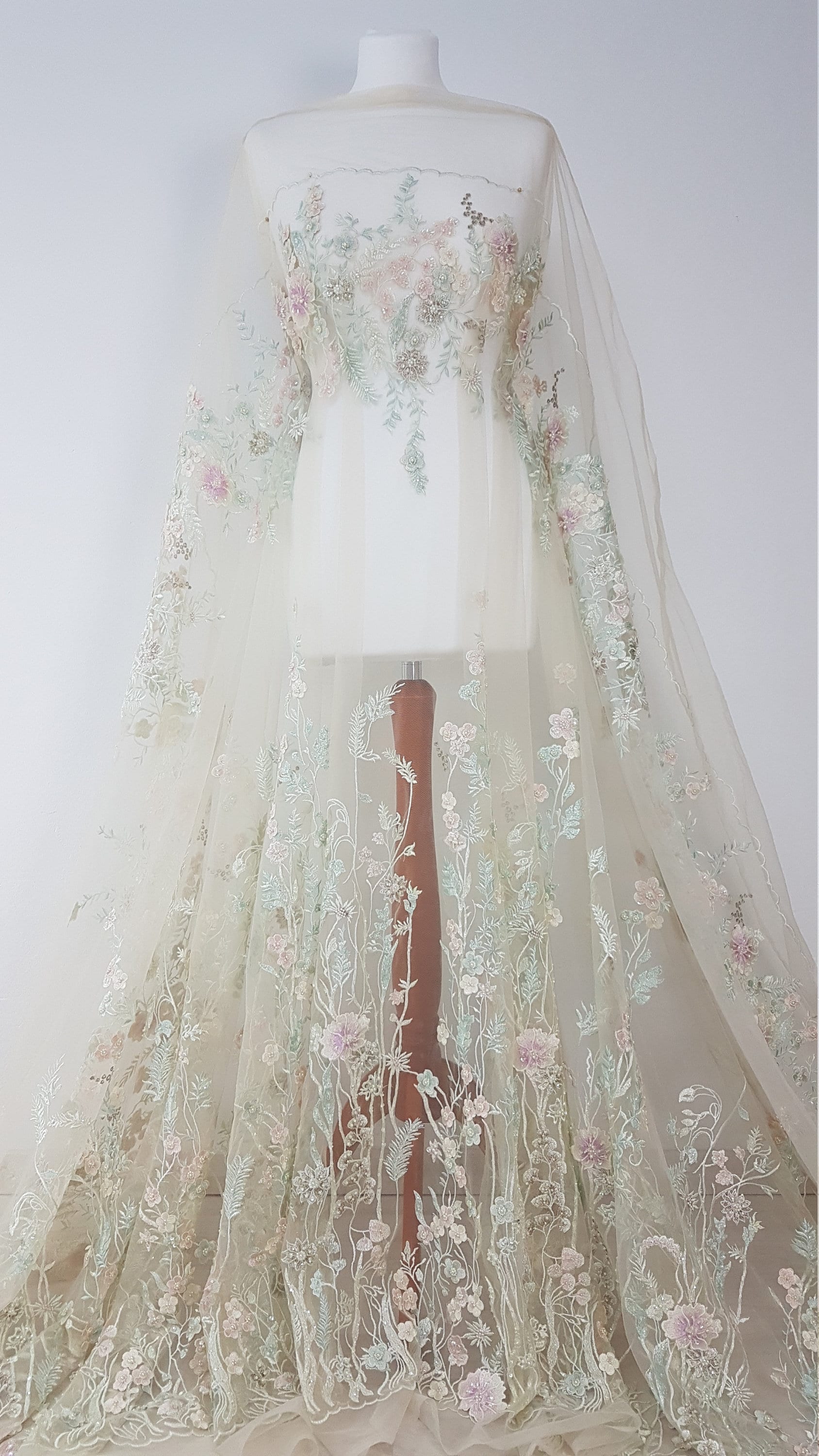 Wonderful Fairytale 3D-Flower Lace fabric in pastel colors on light yellow tulle, Colored bridal lace fabric, French wedding lace LL-1311
