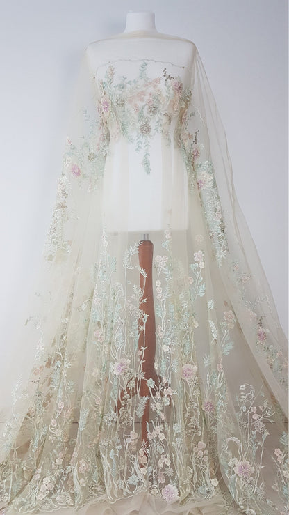 Wonderful Fairytale 3D-Flower Lace fabric in pastel colors on light yellow tulle, Colored bridal lace fabric, French wedding lace LL-1311