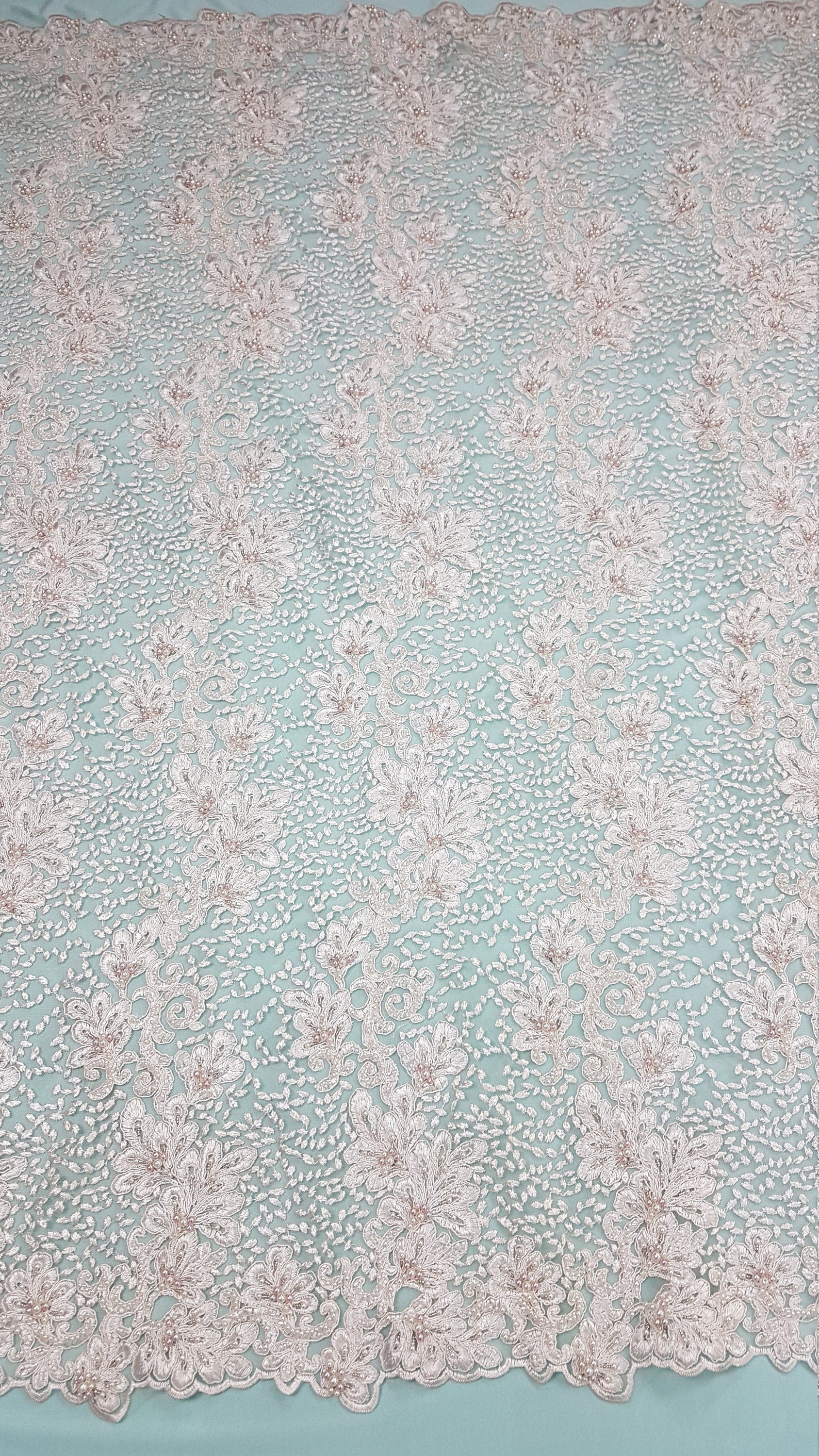 Beaded Flower Lace Fabric, wedding lace fabric in Ivory, bridal lace, embroidery lace fabric, wedding dress lace LL-1313