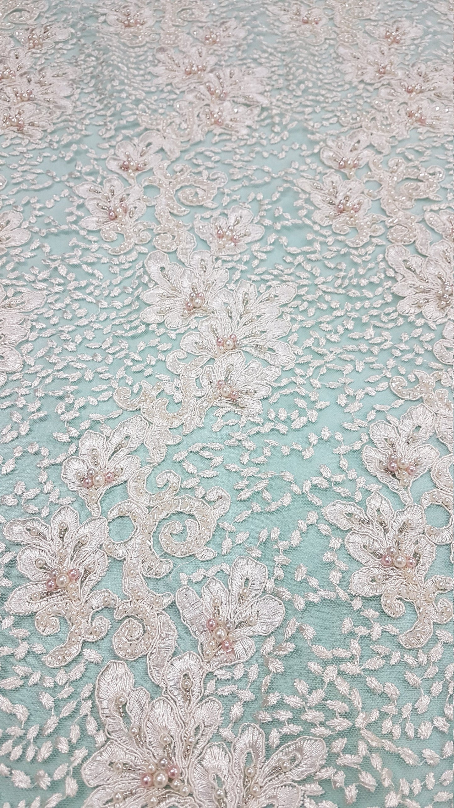 Beaded Flower Lace Fabric, wedding lace fabric in Ivory, bridal lace, embroidery lace fabric, wedding dress lace LL-1313