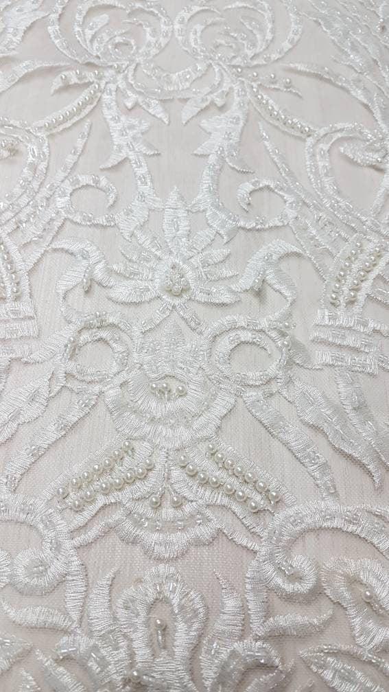 Beautiful ornamental lace fabric in ivory color, Bridal lace fabric, Embroidered lace fabric for wedding dresses or evening dresses LL-1140