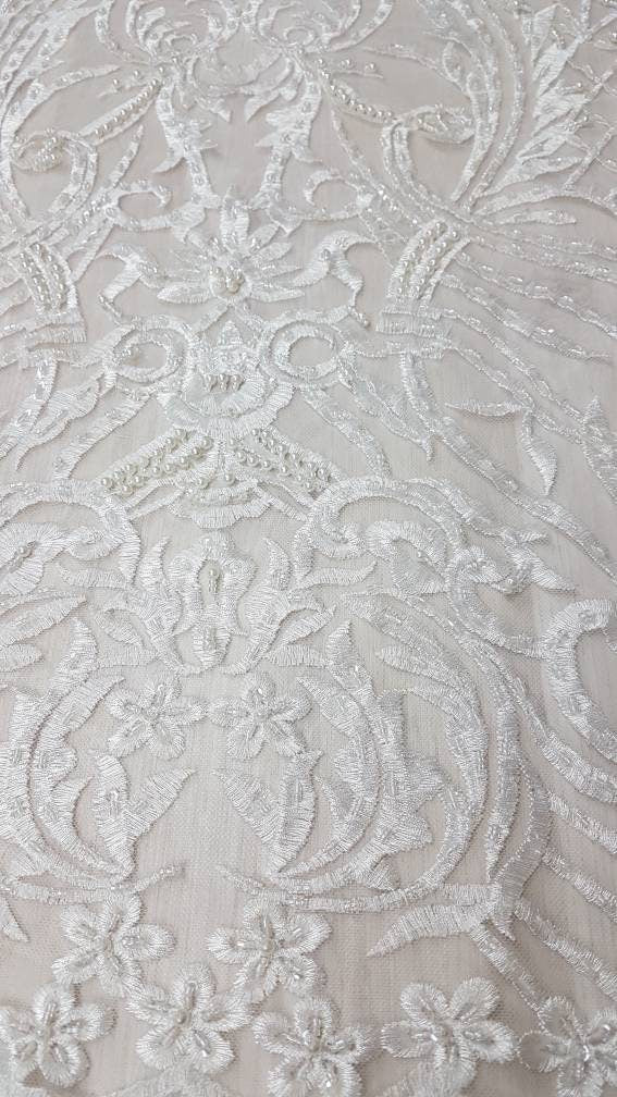 Beautiful ornamental lace fabric in ivory color, Bridal lace fabric, Embroidered lace fabric for wedding dresses or evening dresses LL-1140