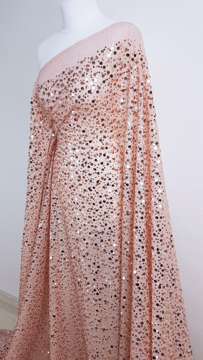 rosé mesh fabric with shiny sequins in roségold, slightly stretchy, knit fabric for dresses, tops, trousers or jumpsutis LL-1304
