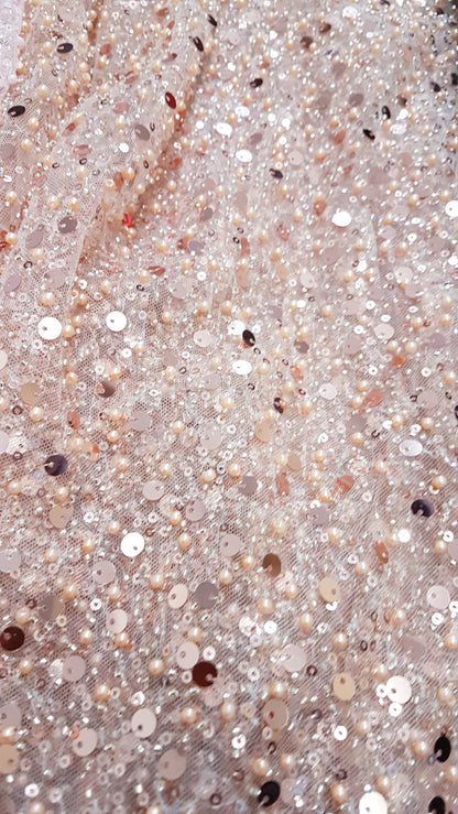 Amazing beaded bridal lace fabric with big sequins, Pallas Couture Lace Fabric, luxurious beaded wedding dress lace, designer lace LL-1297