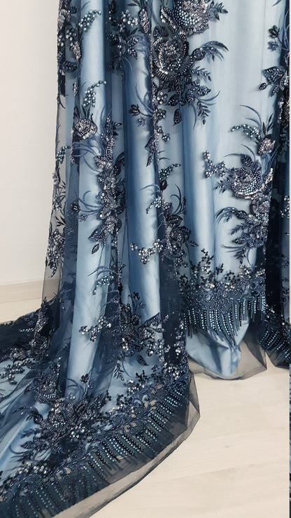 Gorgeous 3DHandbeaded Lace Fabric with Flowers, couture lace, colored bridal lace, evening dress fabric, embroidery fabric, Net lace LL-1305