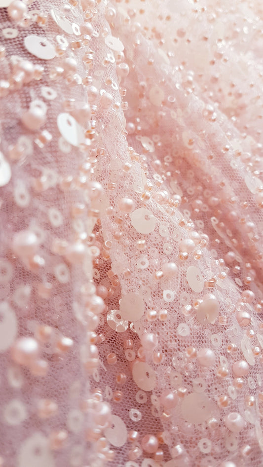 3d sequins and beads lace fabric in rose color