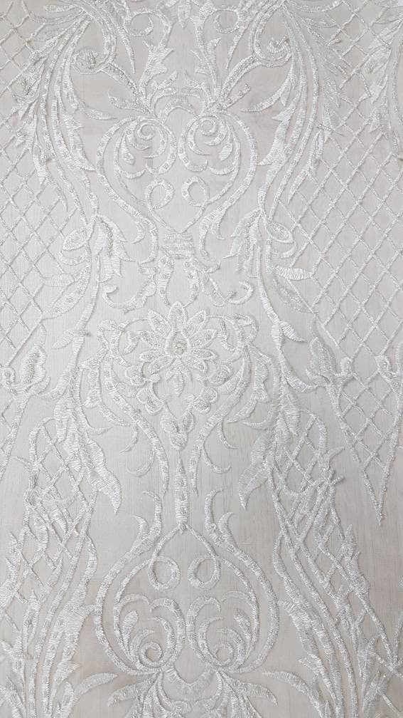 Beautiful ornamental lace fabric in ivory color, Bridal lace fabric, Embroidered lace fabric for wedding dresses or evening dresses LL-1140