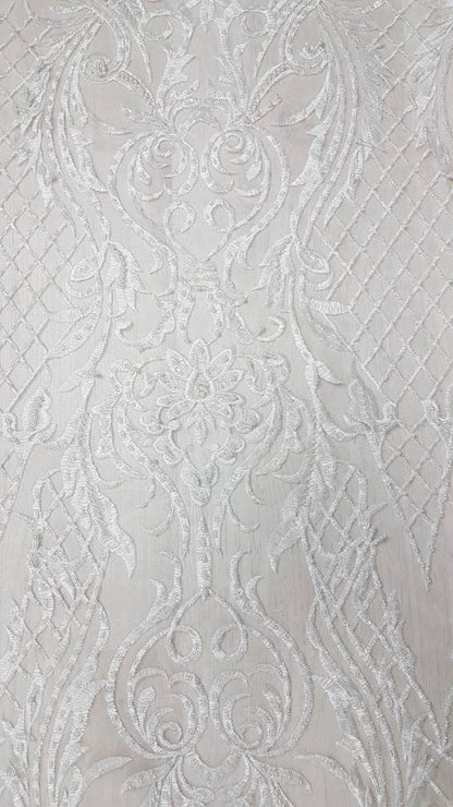 Beautiful ornamental lace fabric in ivory color, Bridal lace fabric, Embroidered lace fabric for wedding dresses or evening dresses LL-1140