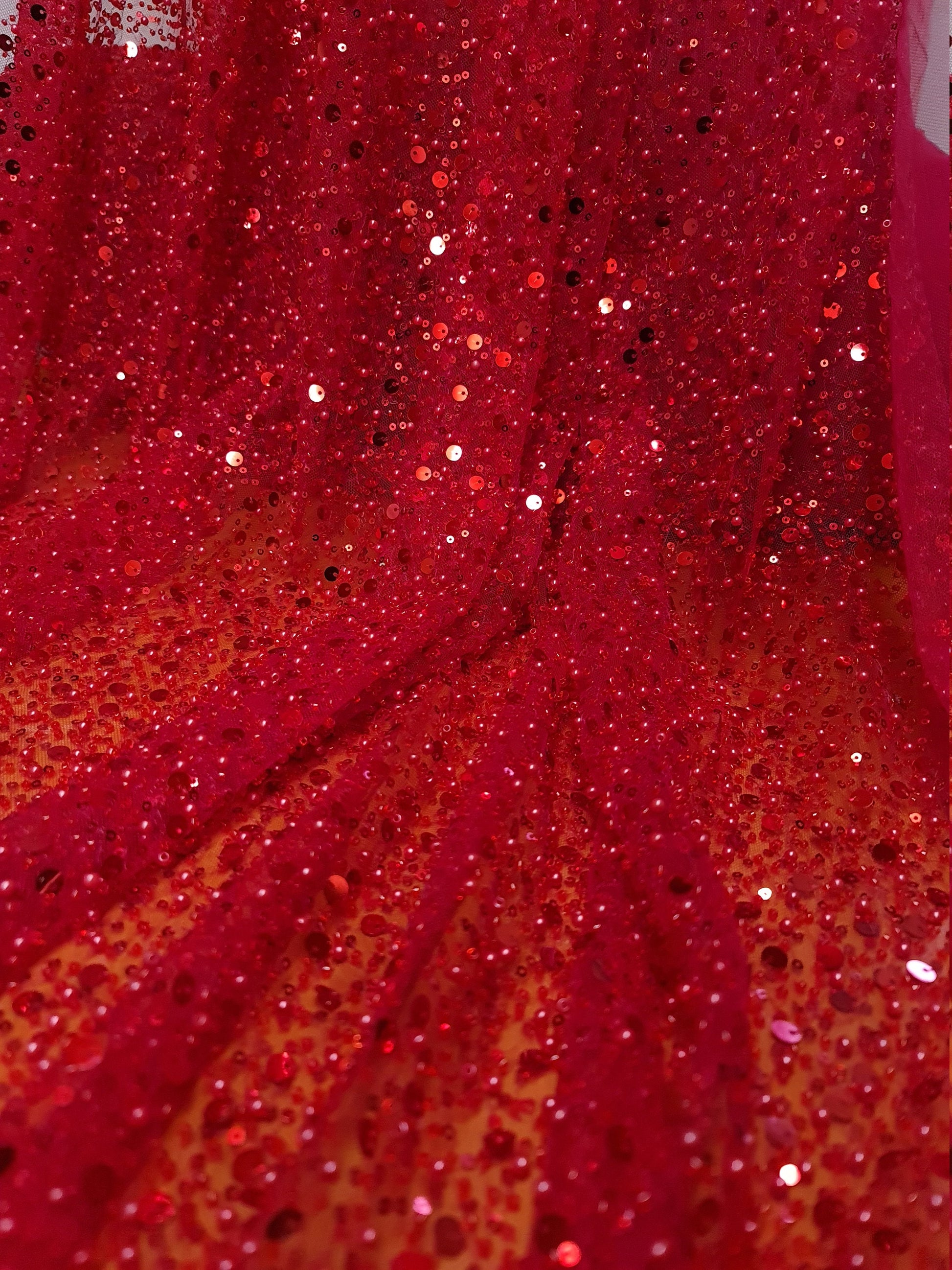 Beaded bridal lace fabric with big sequins in red, Pallas Couture Lace Fabric, luxurious beaded wedding dress lace, designer lace LL-1298