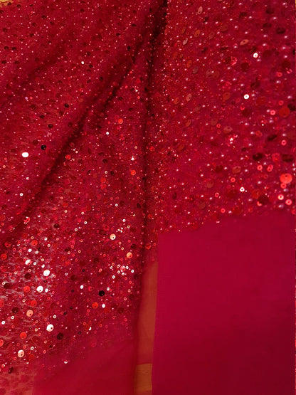 Beaded bridal lace fabric with big sequins in red, Pallas Couture Lace Fabric, luxurious beaded wedding dress lace, designer lace LL-1298
