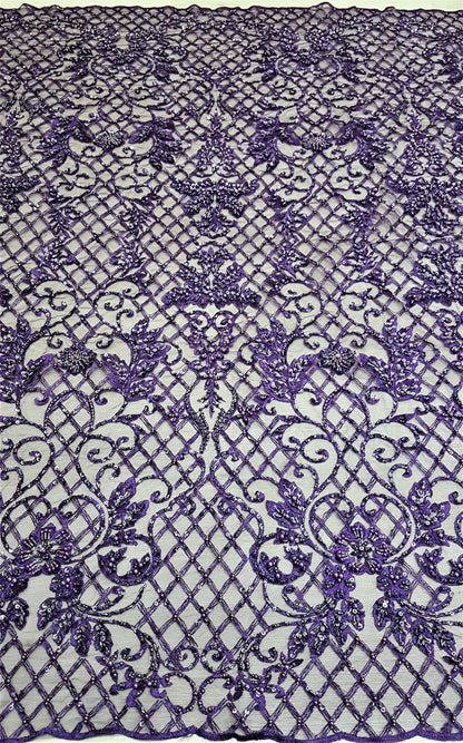 Ornamental lace fabric in purple color, Colored Bridal lace fabric, Embroidered lace fabric for wedding dresses or evening dresses LL-1308