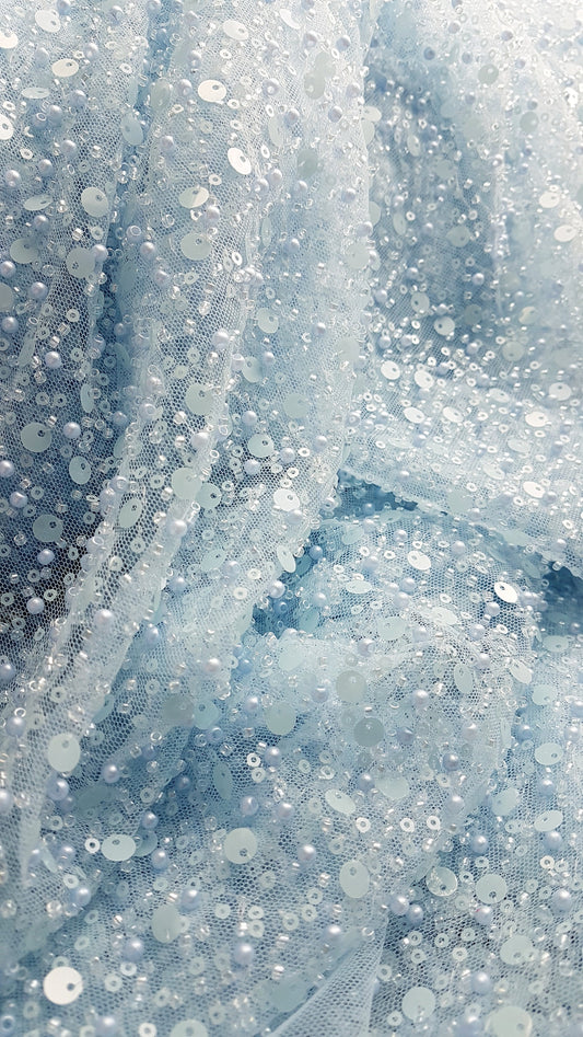 lace fabric with beads and big sequins in light blue