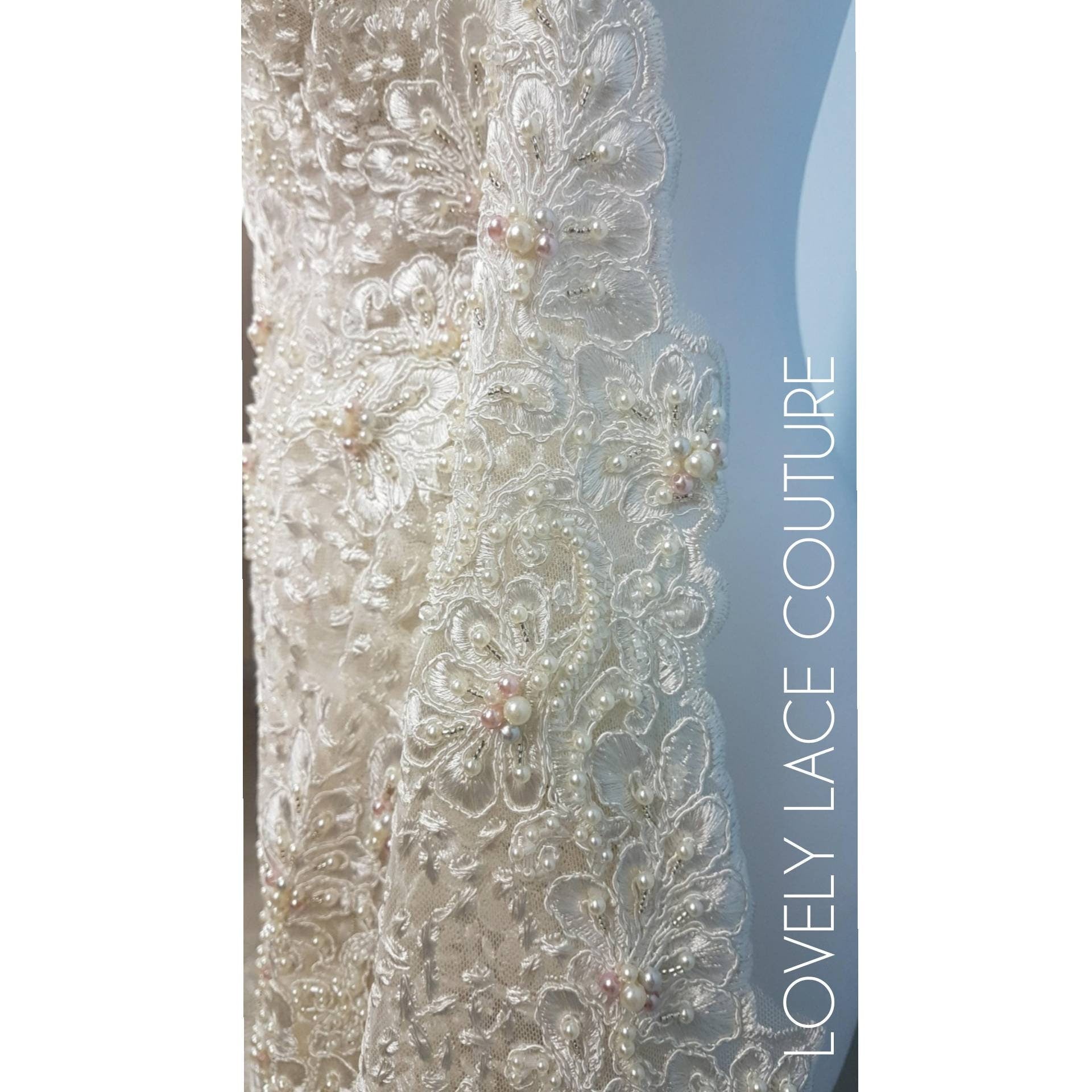 Beaded Flower Lace Fabric, wedding lace fabric in Ivory, bridal lace, embroidery lace fabric, wedding dress lace LL-1313