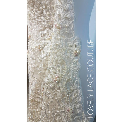 Beaded Flower Lace Fabric, wedding lace fabric in Ivory, bridal lace, embroidery lace fabric, wedding dress lace LL-1313