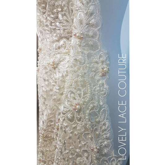 Beaded Flower Lace Fabric, wedding lace fabric in Ivory, bridal lace, embroidery lace fabric, wedding dress lace LL-1313