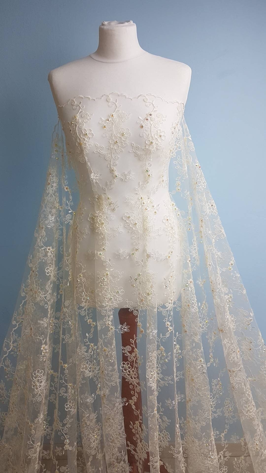 Flower Lace fabric with colored rhinestones in ivory color, lace for gown or costumes, fabric by the yard or metres LL-1312