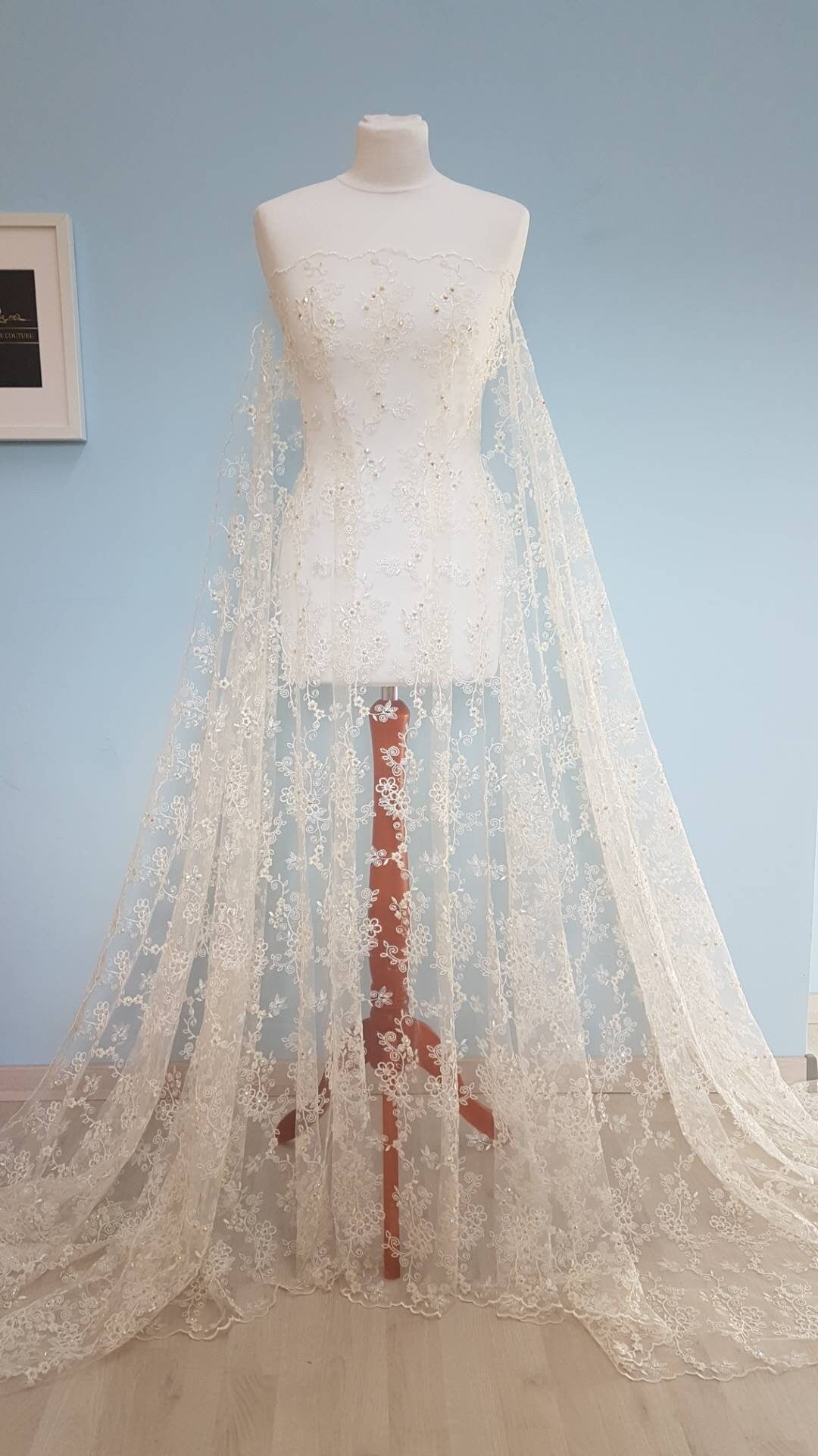 Flower Lace fabric with colored rhinestones in ivory color, lace for gown or costumes, fabric by the yard or metres LL-1312