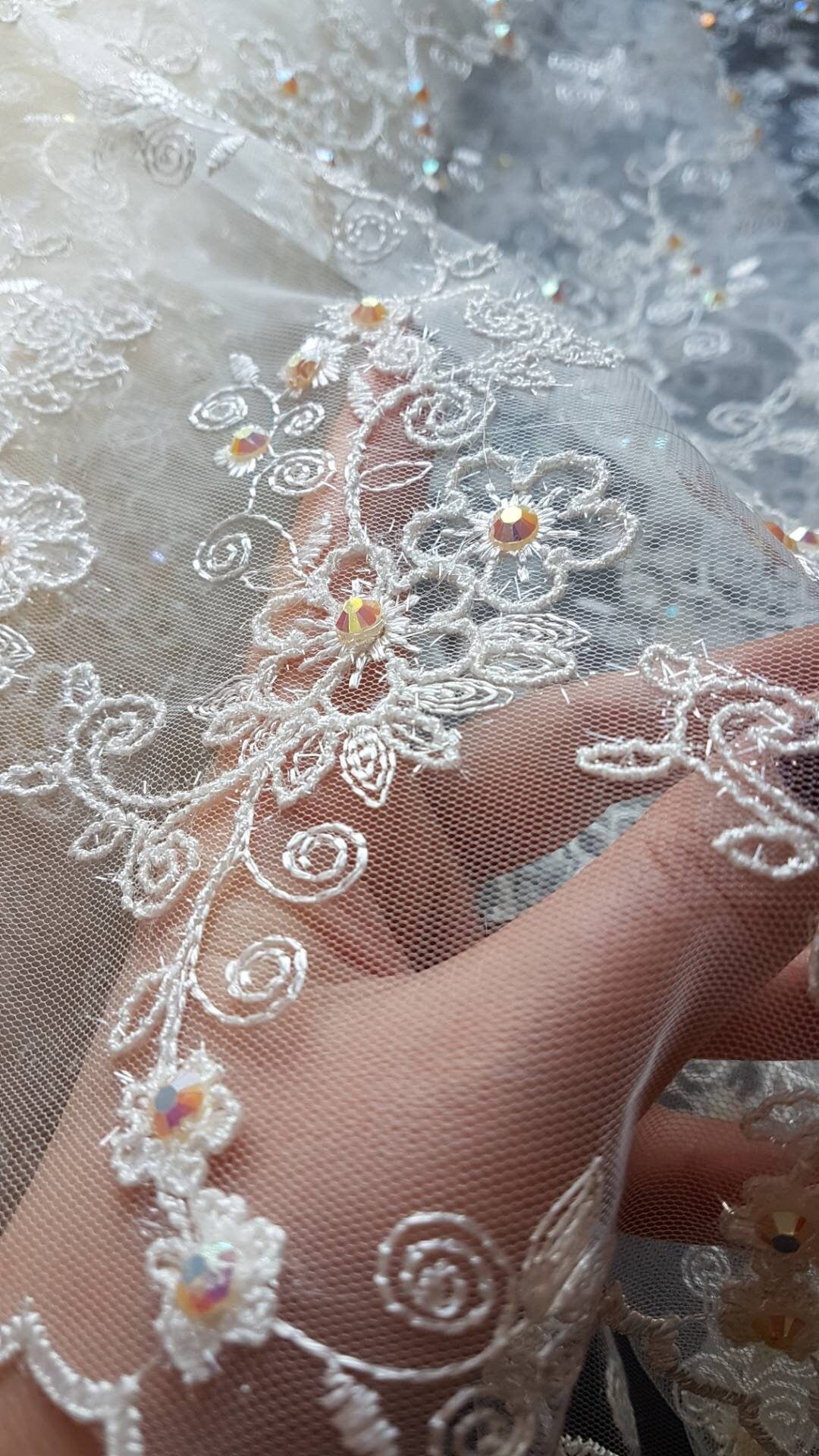 Flower Lace fabric with colored rhinestones in ivory color, lace for gown or costumes, fabric by the yard or metres LL-1312