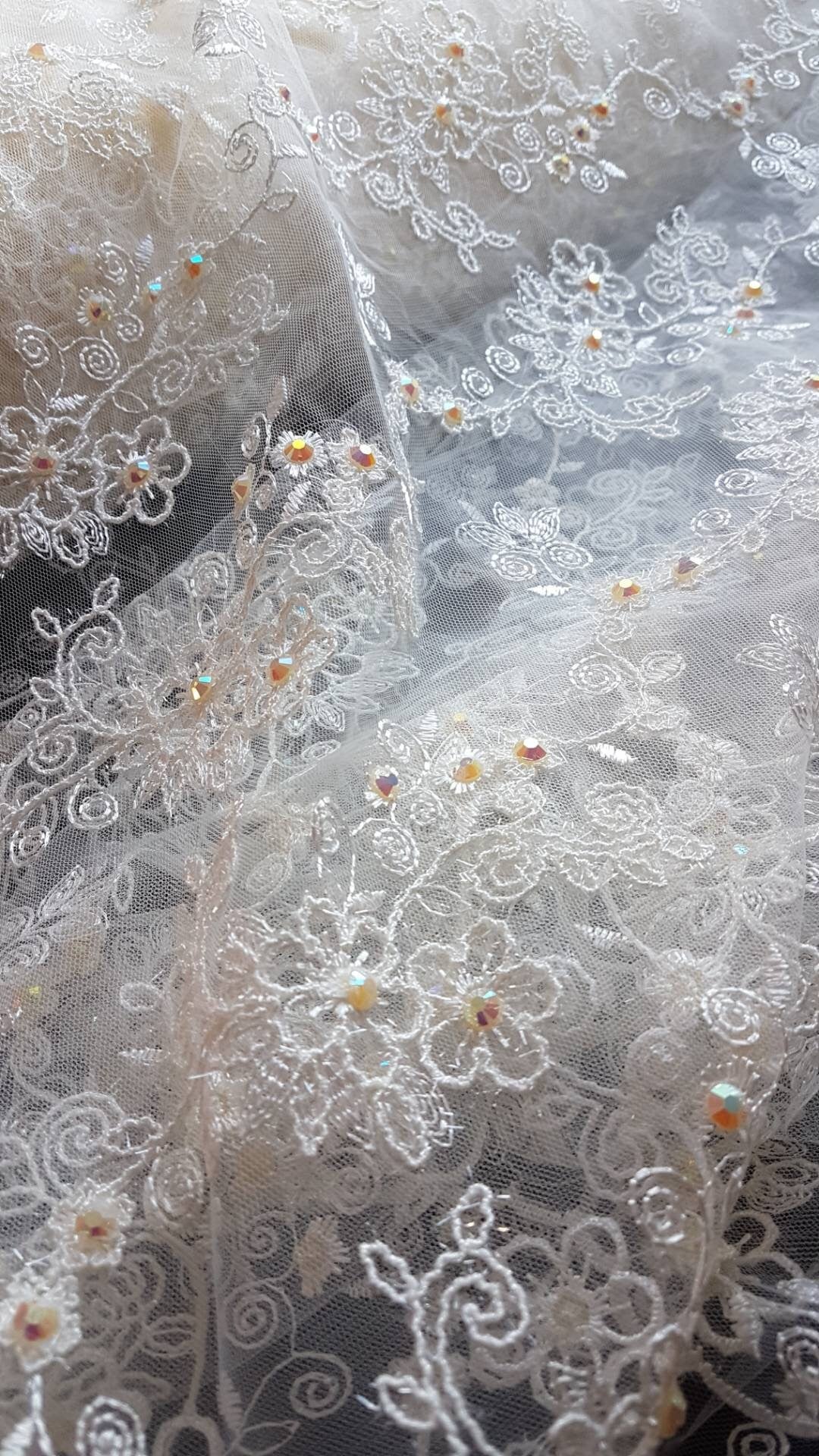 Flower Lace fabric with colored rhinestones in ivory color, lace for gown or costumes, fabric by the yard or metres LL-1312