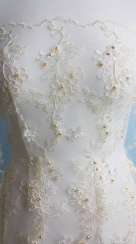 Flower Lace fabric with colored rhinestones in ivory color, lace for gown or costumes, fabric by the yard or metres LL-1312