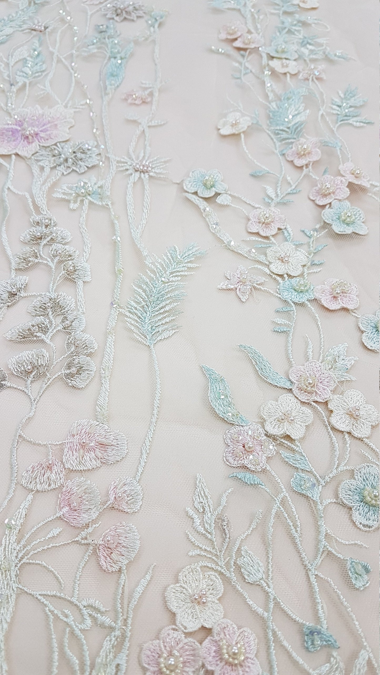 Wonderful Fairytale 3D-Flower Lace fabric in pastel colors on light yellow tulle, Colored bridal lace fabric, French wedding lace LL-1311