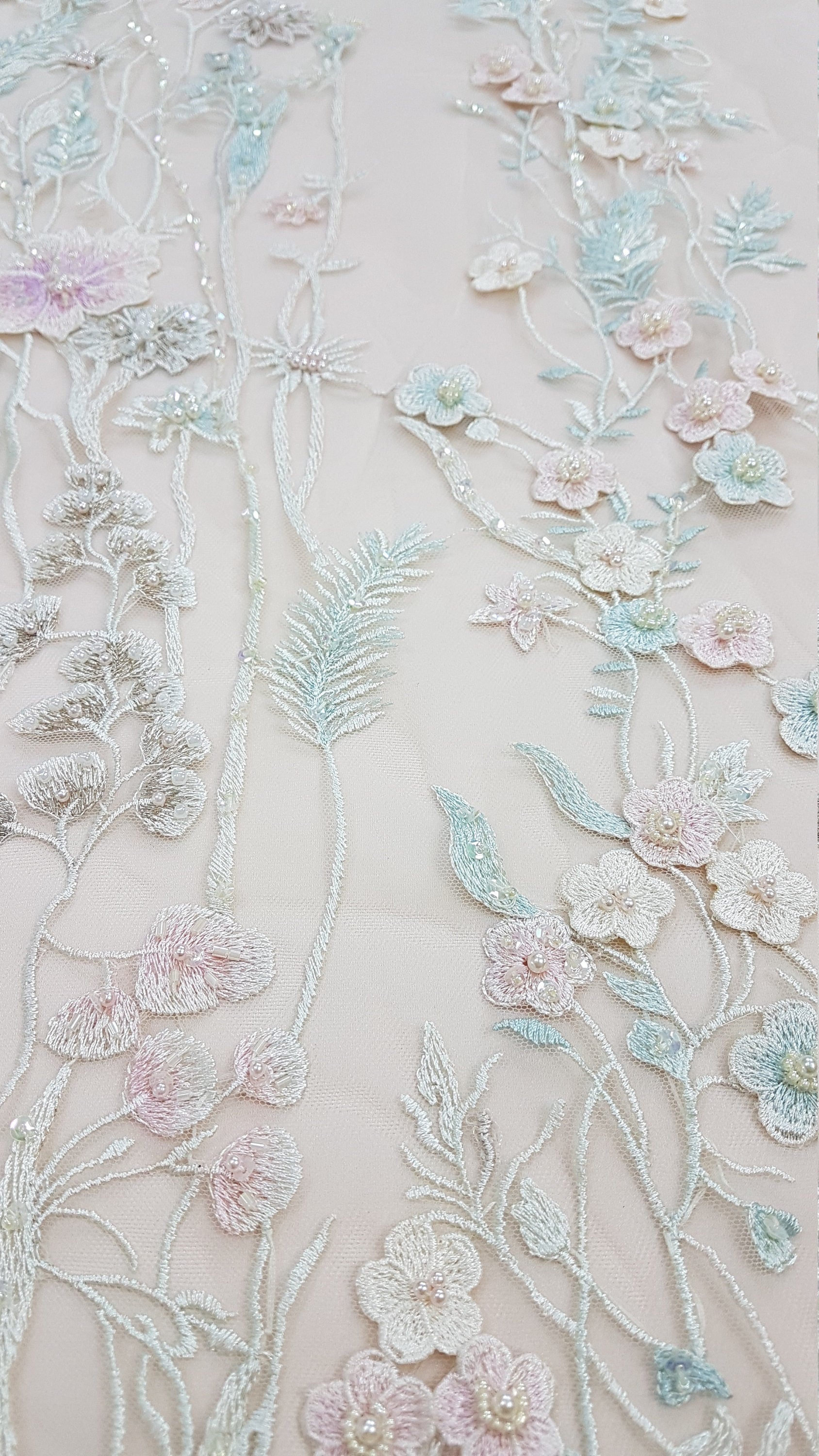 Wonderful Fairytale 3D-Flower Lace fabric in pastel colors on light yellow tulle, Colored bridal lace fabric, French wedding lace LL-1311