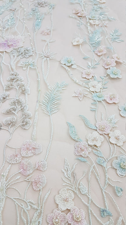 Wonderful Fairytale 3D-Flower Lace fabric in pastel colors on light yellow tulle, Colored bridal lace fabric, French wedding lace LL-1311