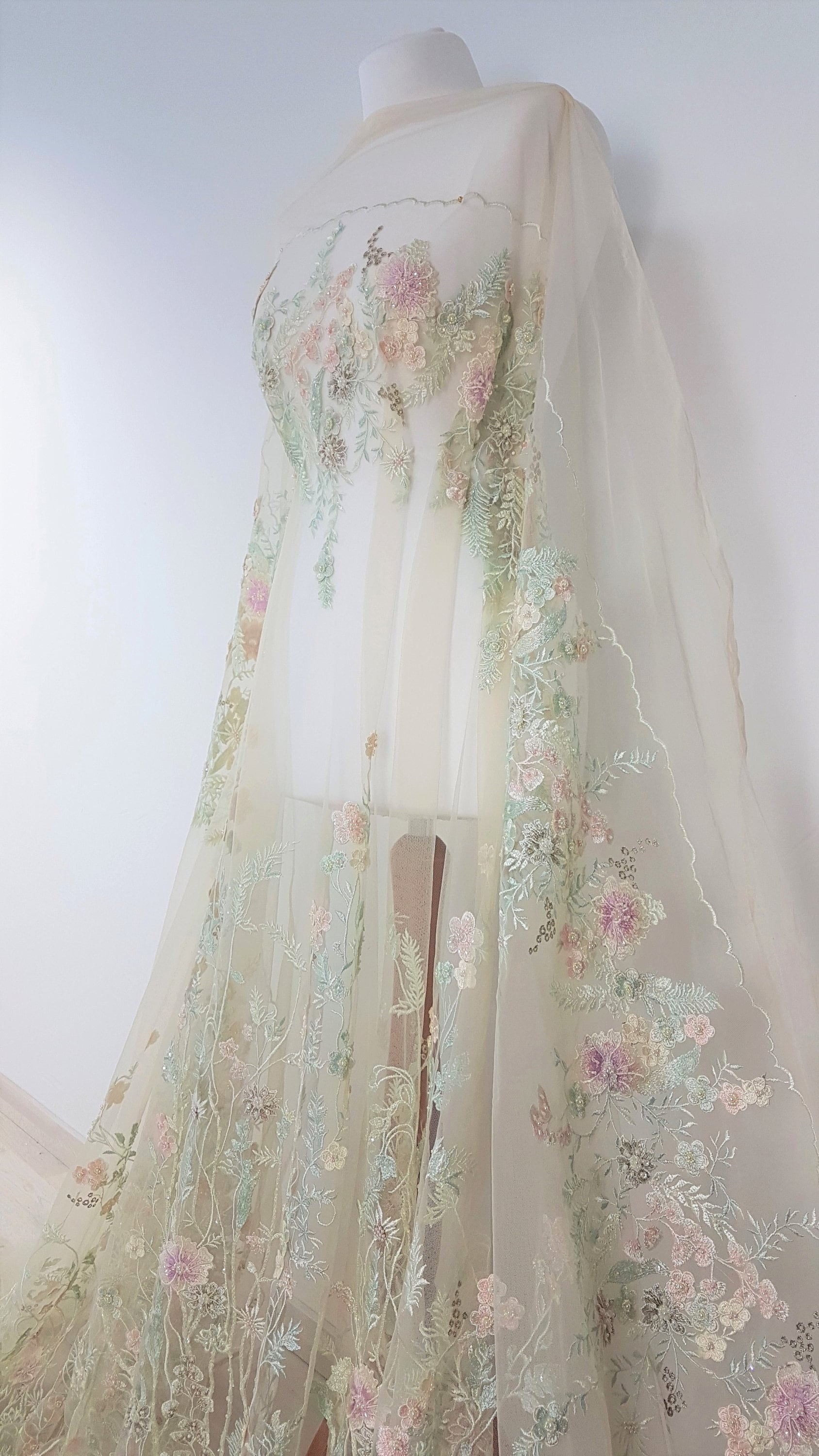 Wonderful Fairytale 3D-Flower Lace fabric in pastel colors on light yellow tulle, Colored bridal lace fabric, French wedding lace LL-1311
