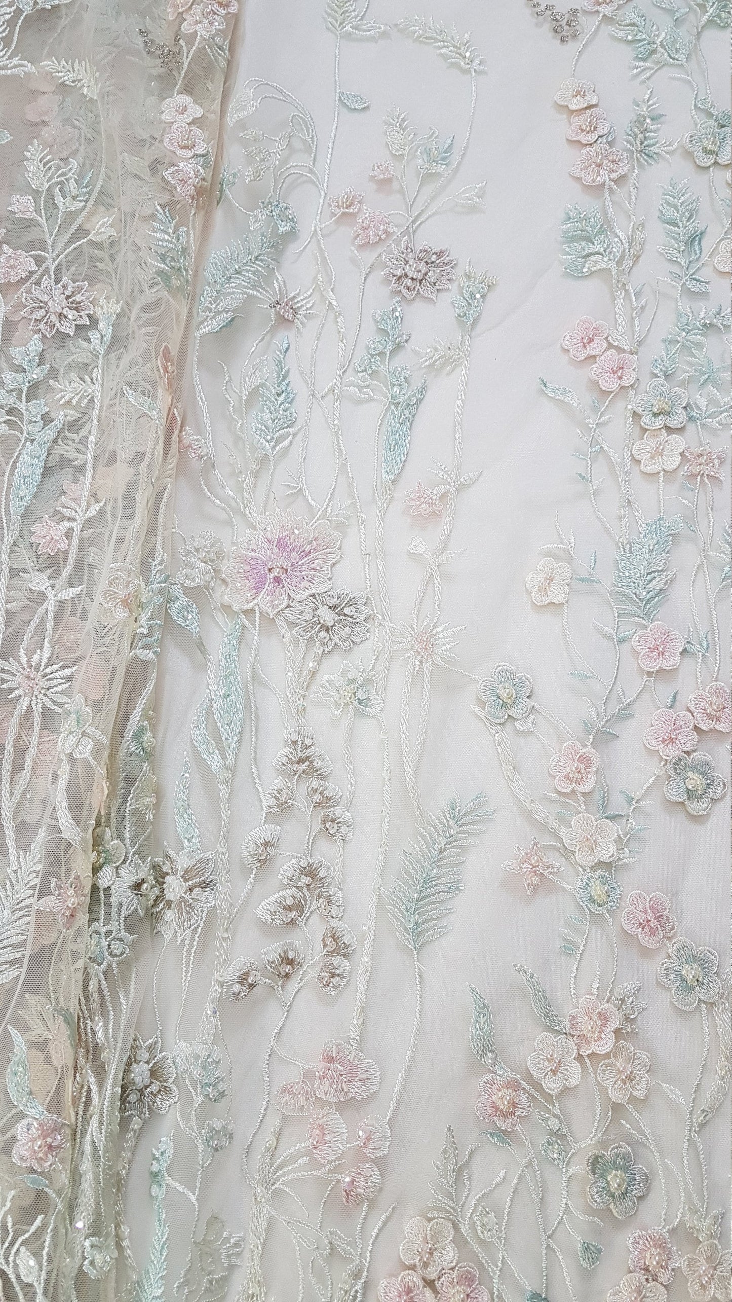 Wonderful Fairytale 3D-Flower Lace fabric in pastel colors on light yellow tulle, Colored bridal lace fabric, French wedding lace LL-1311