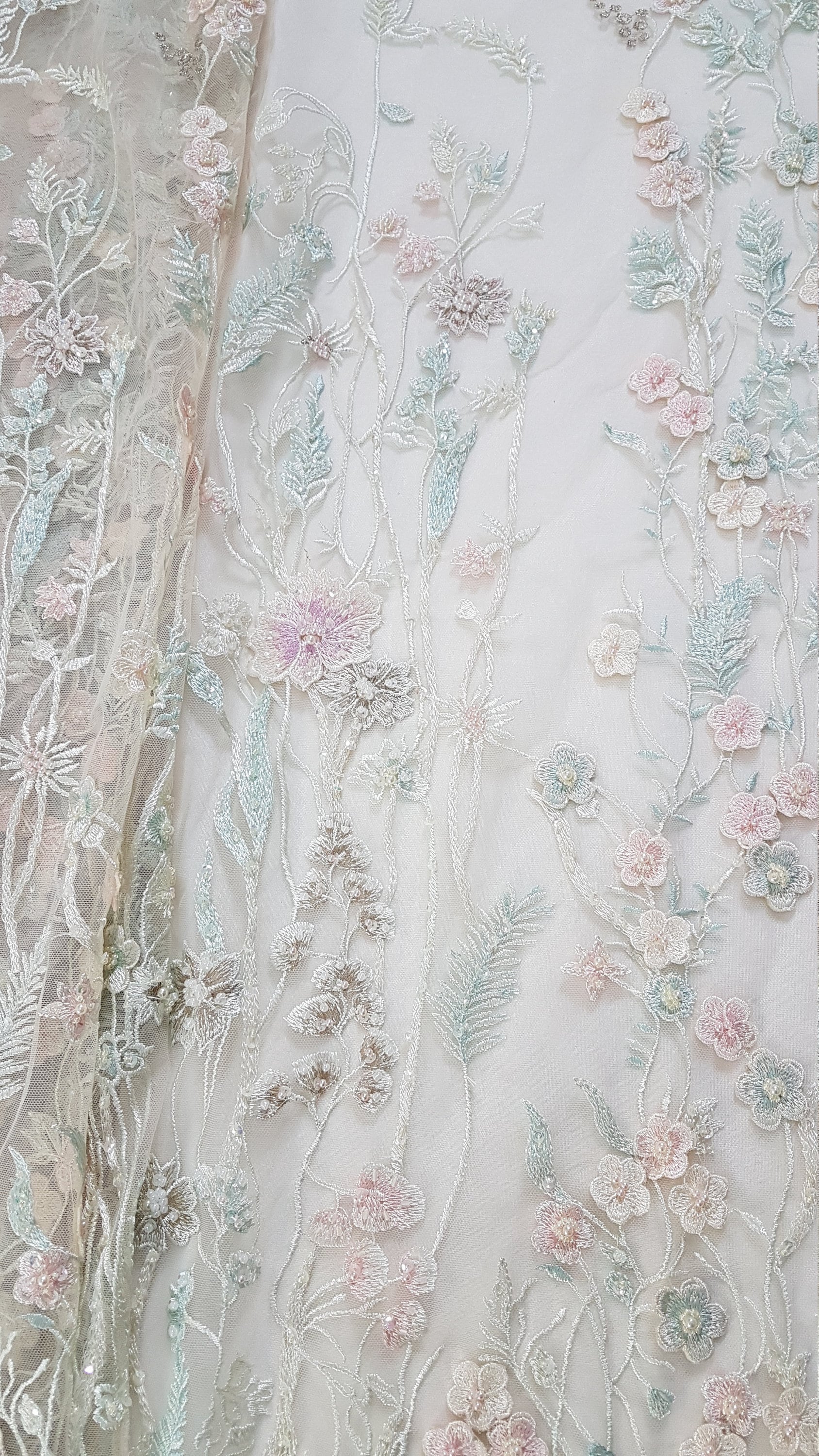 Wonderful Fairytale 3D-Flower Lace fabric in pastel colors on light yellow tulle, Colored bridal lace fabric, French wedding lace LL-1311
