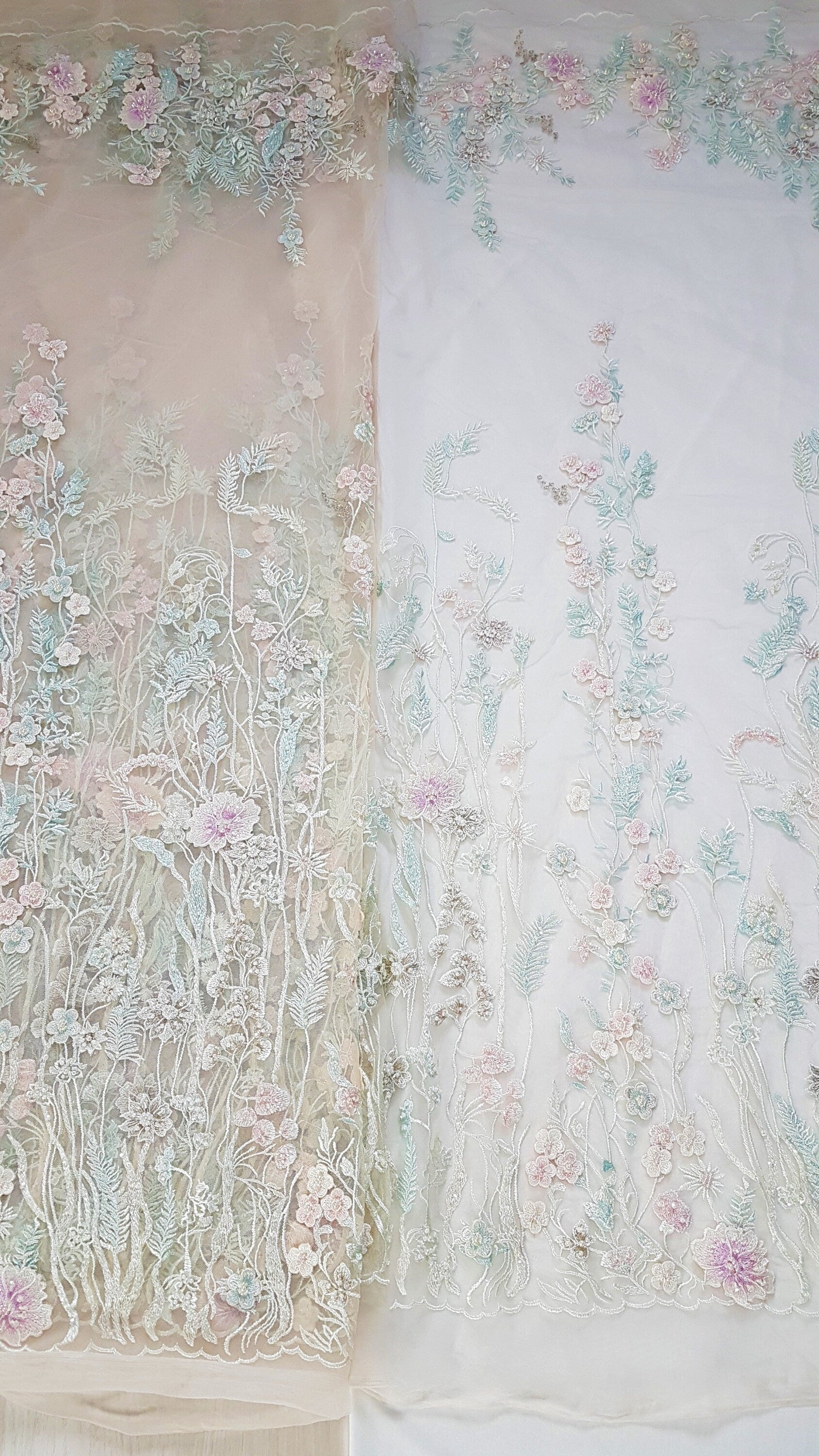 Wonderful Fairytale 3D-Flower Lace fabric in pastel colors on light yellow tulle, Colored bridal lace fabric, French wedding lace LL-1311