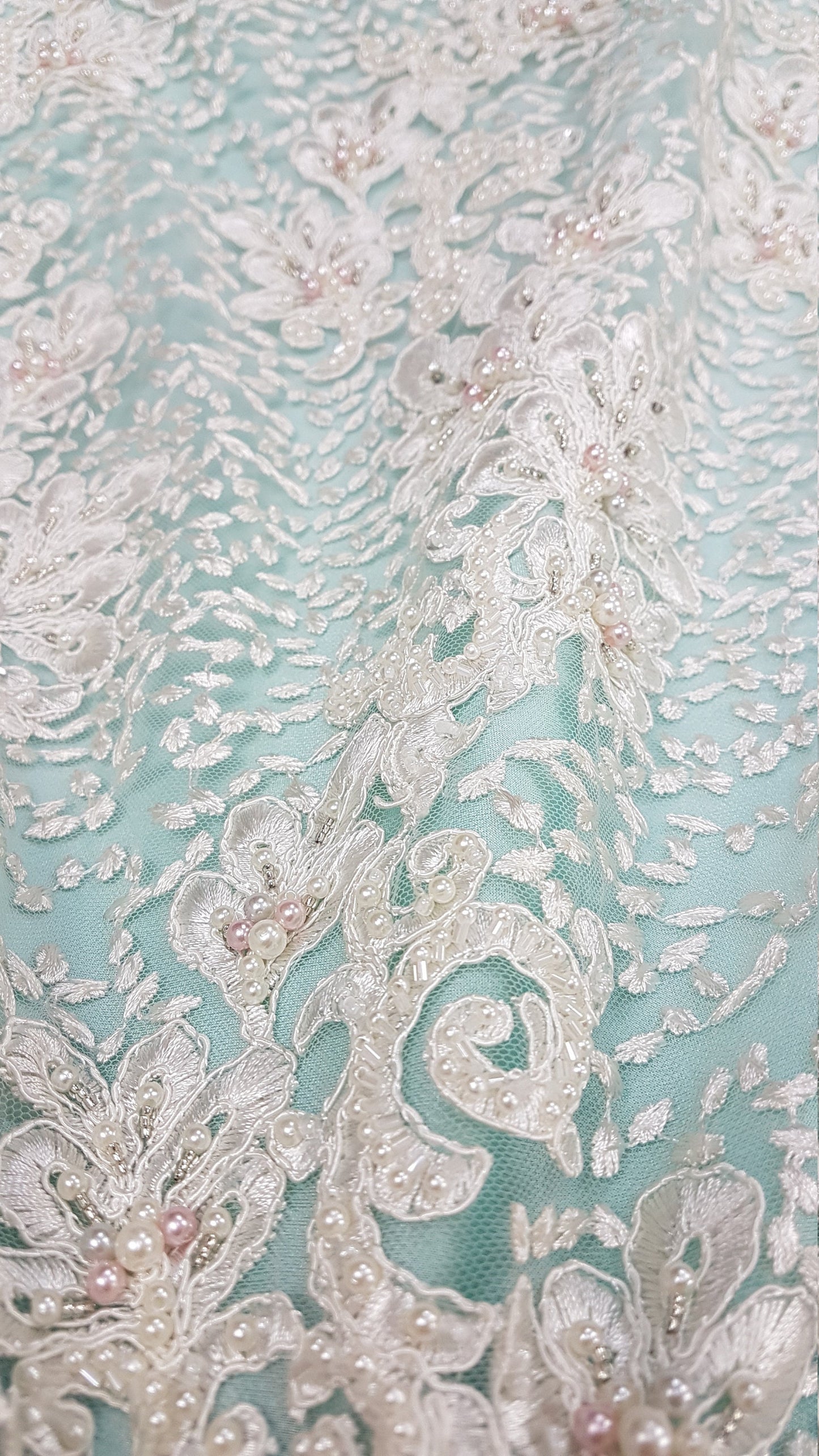 Beaded Flower Lace Fabric, wedding lace fabric in Ivory, bridal lace, embroidery lace fabric, wedding dress lace LL-1313