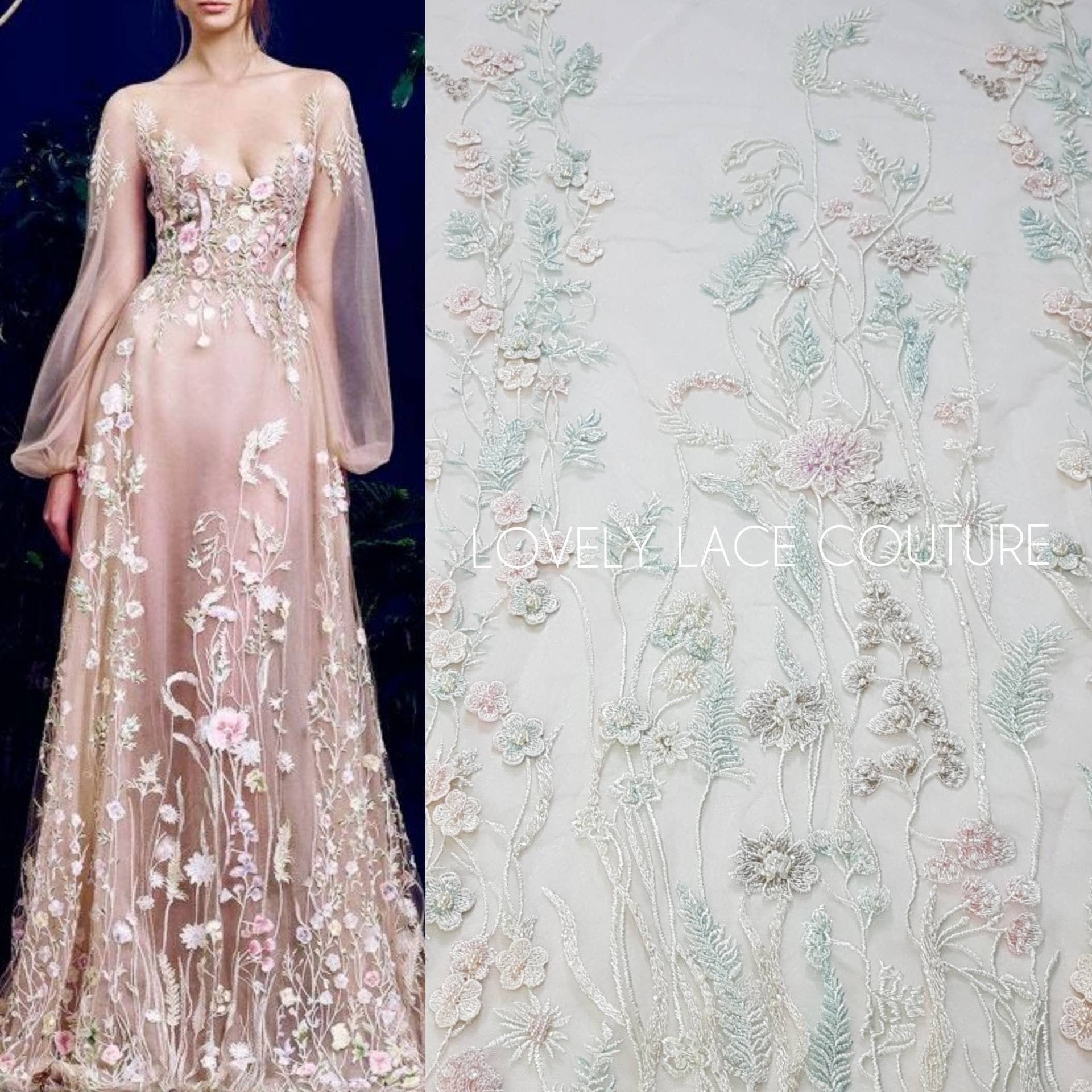 Wonderful Fairytale 3D-Flower Lace fabric in pastel colors on light yellow tulle, Colored bridal lace fabric, French wedding lace LL-1311