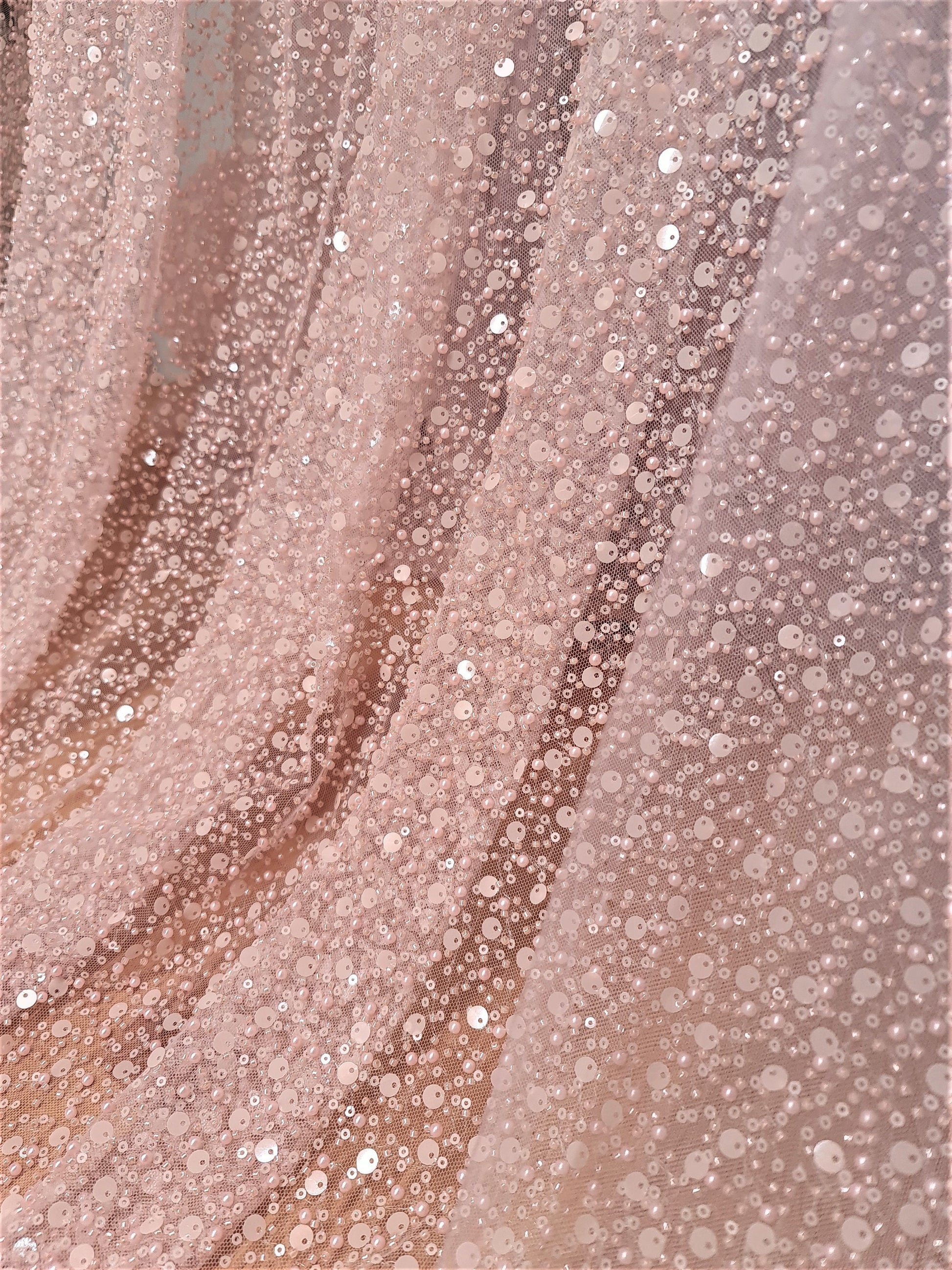 Amazing beaded bridal lace fabric with big sequins in rosé, Pallas Couture Lace Fabric, luxurious beaded wedding lace, designer lace LL-1296