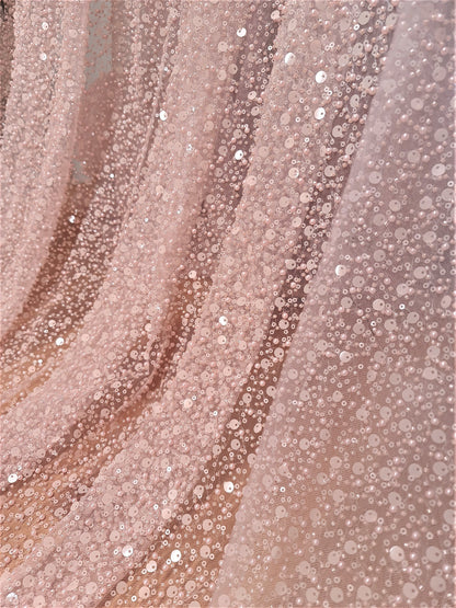 Amazing beaded bridal lace fabric with big sequins in rosé, Pallas Couture Lace Fabric, luxurious beaded wedding lace, designer lace LL-1296