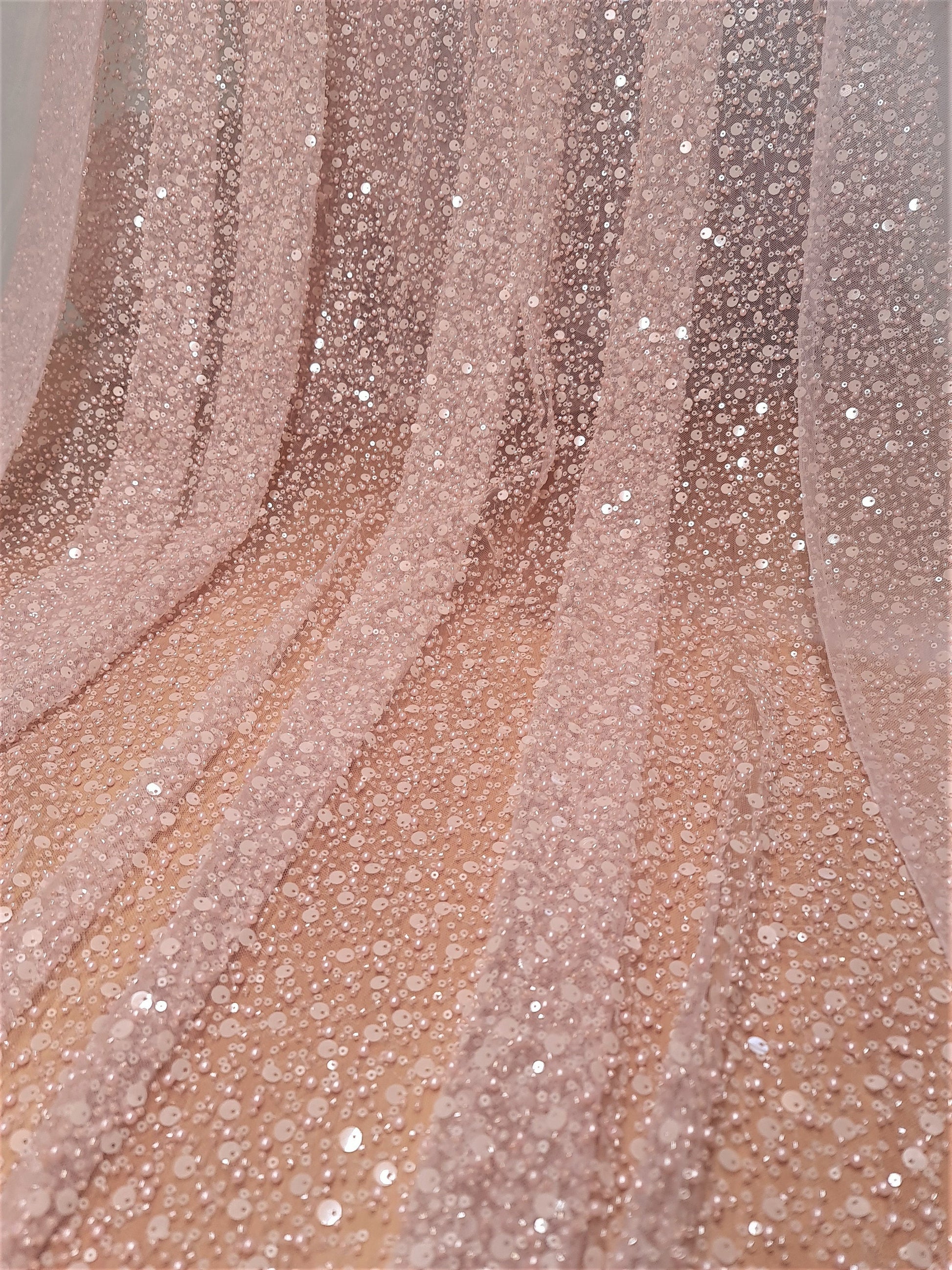 Amazing beaded bridal lace fabric with big sequins in rosé, Pallas Couture Lace Fabric, luxurious beaded wedding lace, designer lace LL-1296