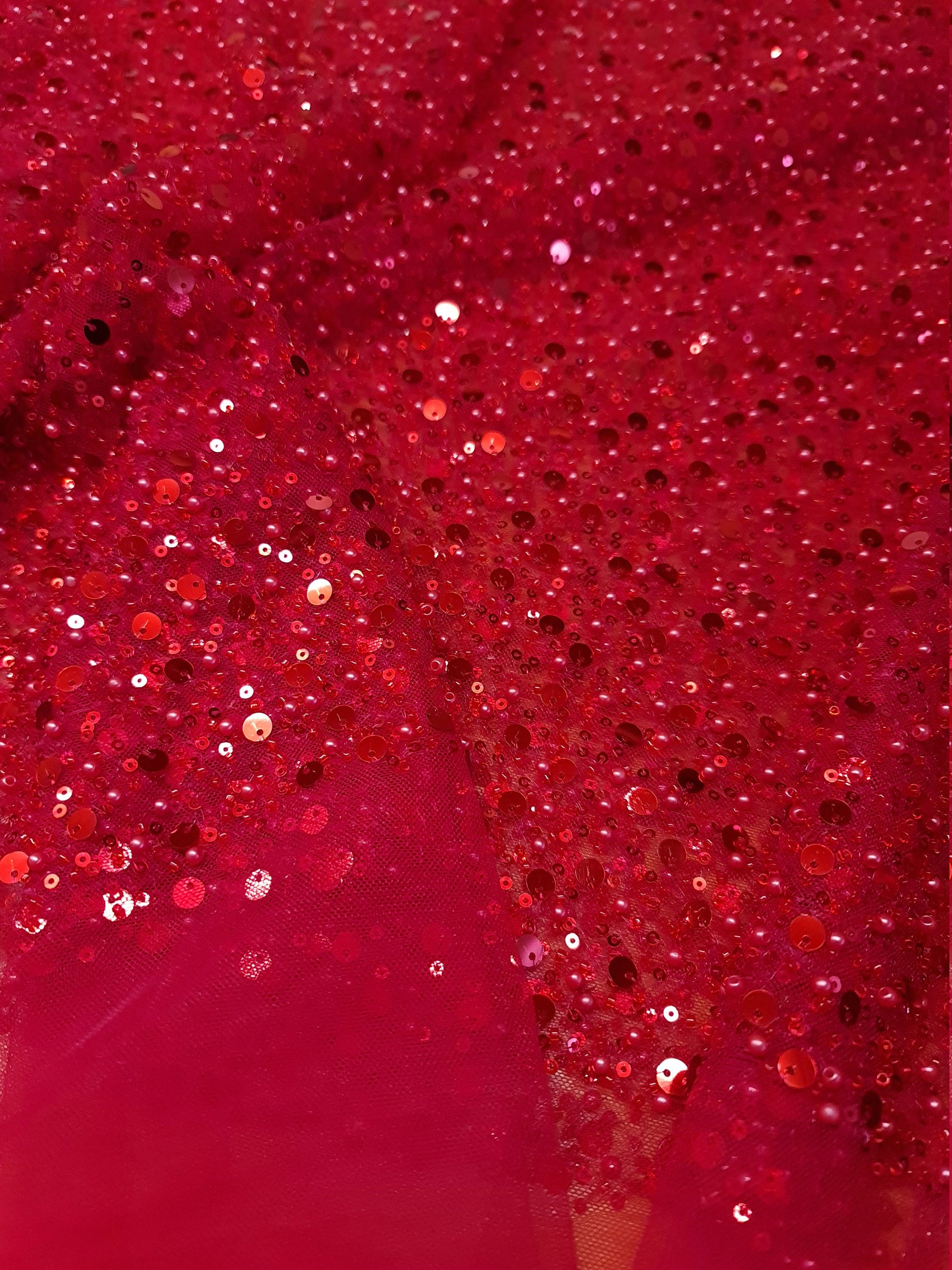 Beaded bridal lace fabric with big sequins in red, Pallas Couture Lace Fabric, luxurious beaded wedding dress lace, designer lace LL-1298