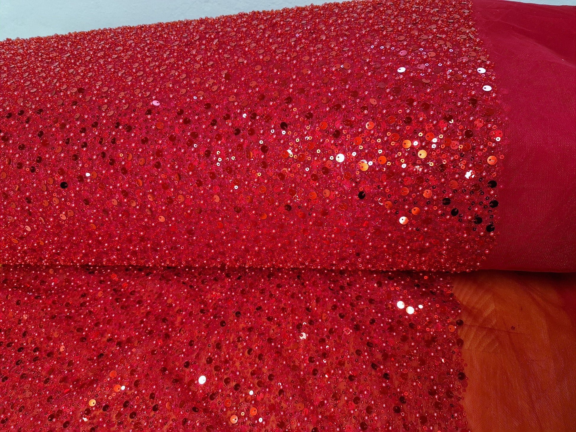 Beaded bridal lace fabric with big sequins in red, Pallas Couture Lace Fabric, luxurious beaded wedding dress lace, designer lace LL-1298